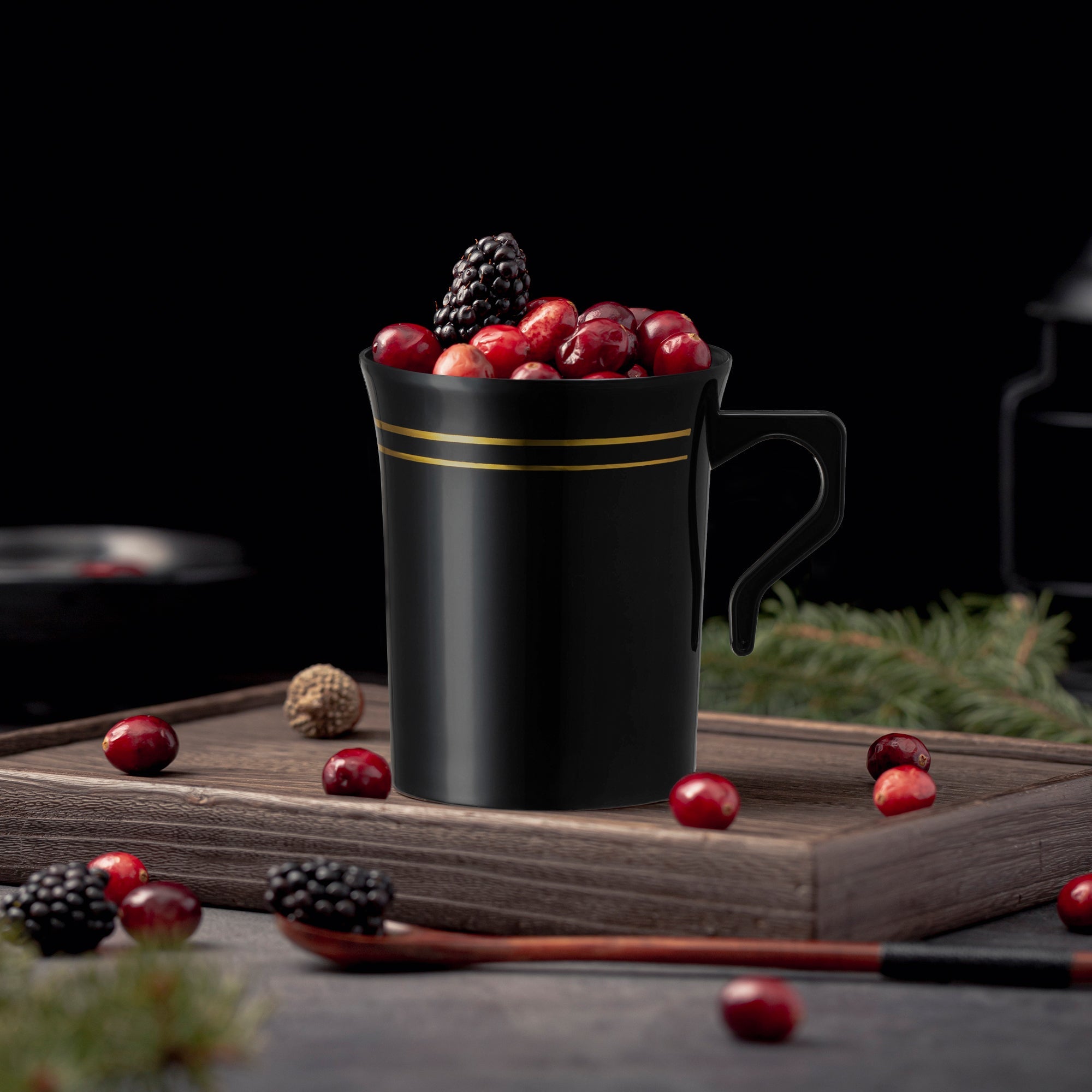 Black with Gold Edge Rim Round Plastic Coffee Mugs (8 oz. )