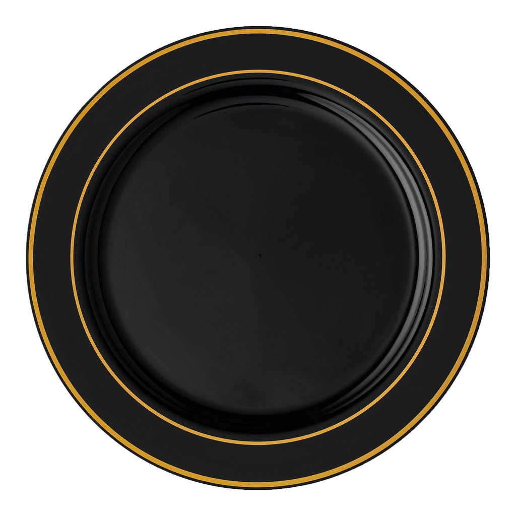 Black with Gold Edge Rim Plastic Dinner Plates (10.25")