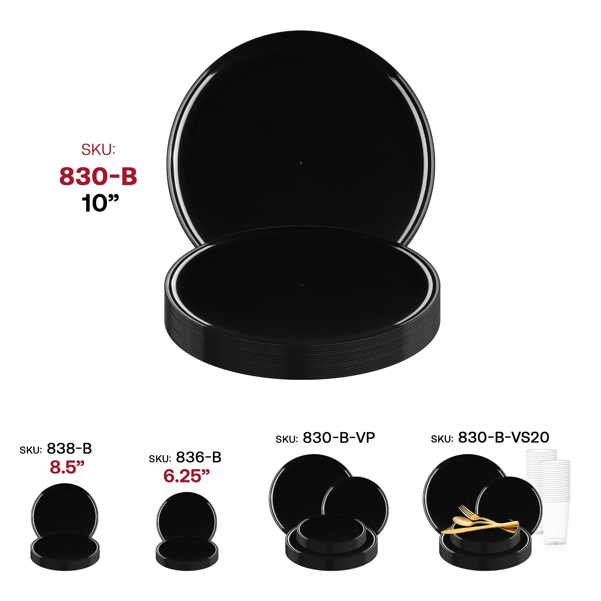 Black Flat Round Disposable Plastic Dinner Plates (10")