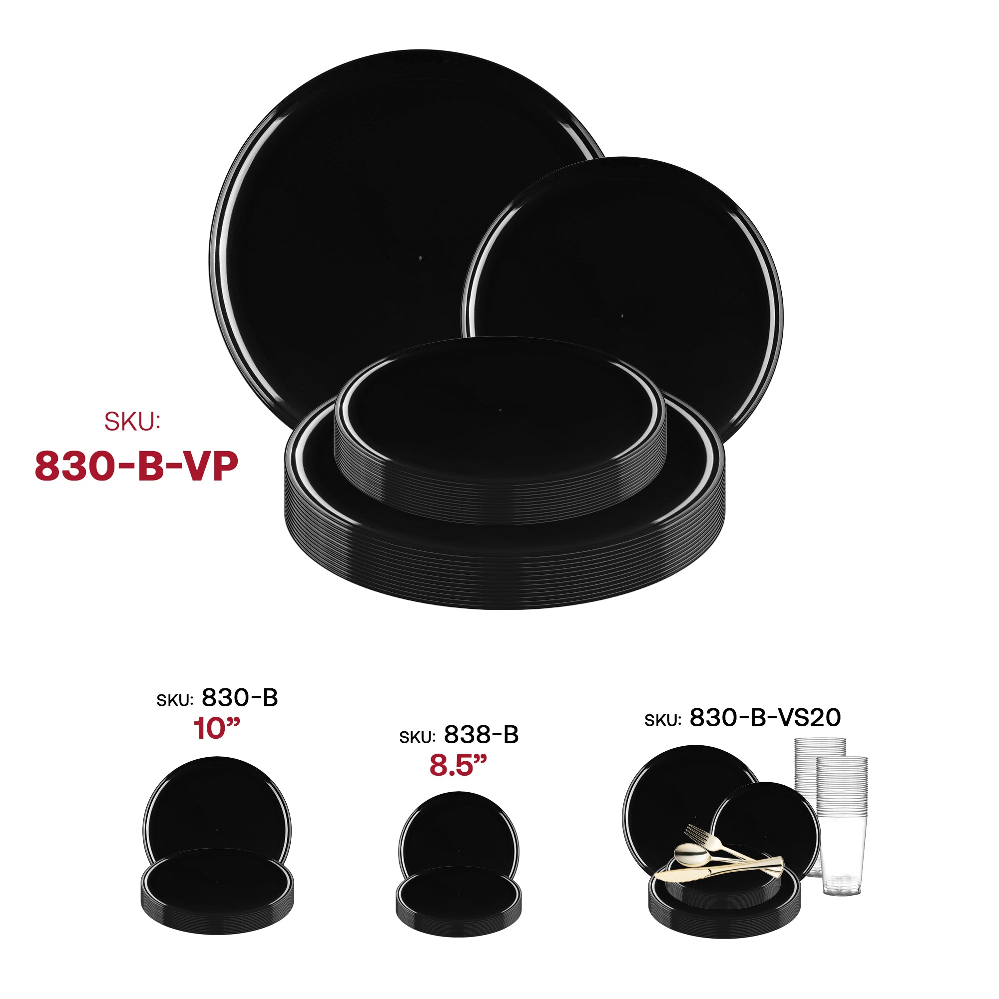 Black Flat Round Disposable Plastic Dinnerware Value Set