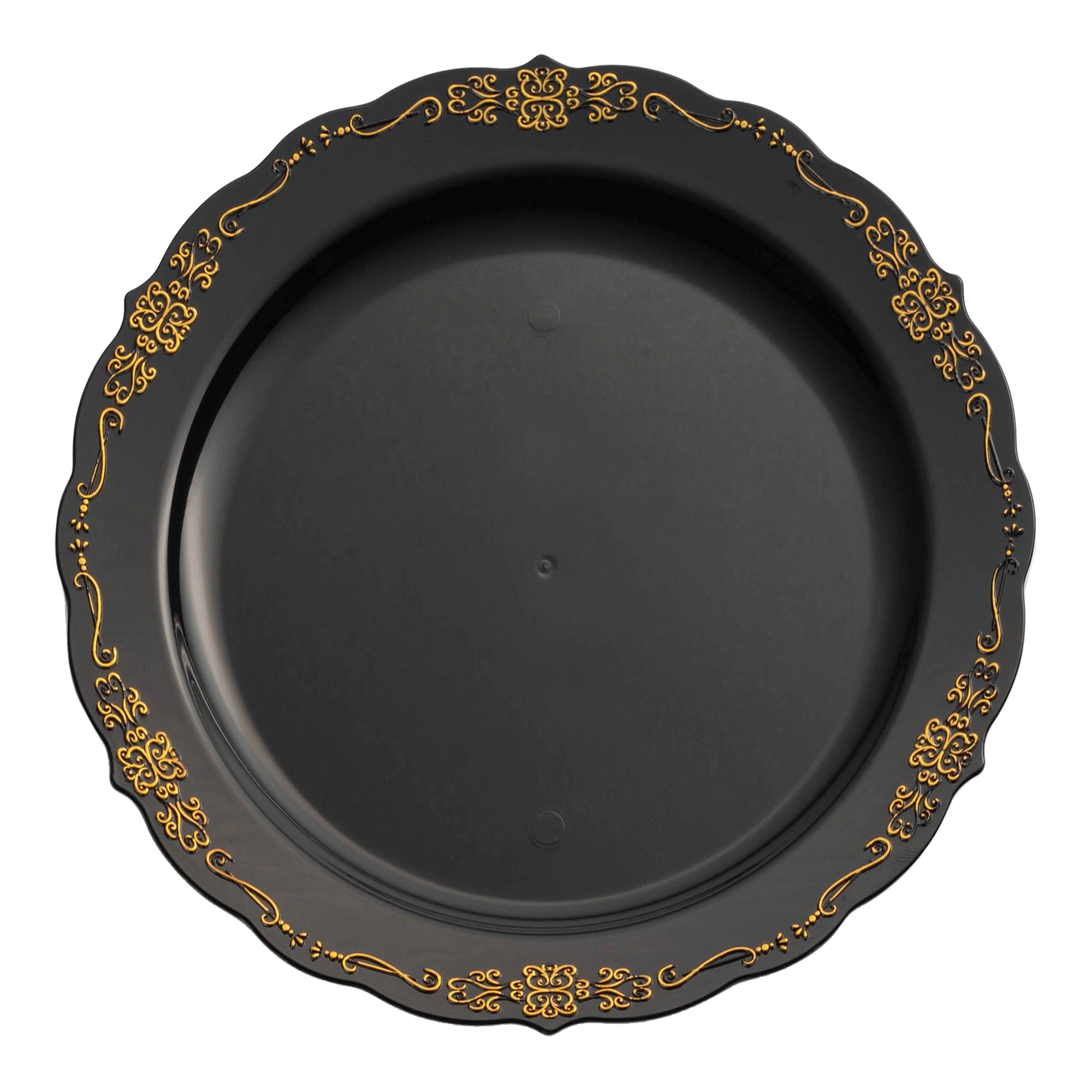 Black with Gold Vintage Rim Round Disposable Plastic Appetizer/Salad Plates (7.5")