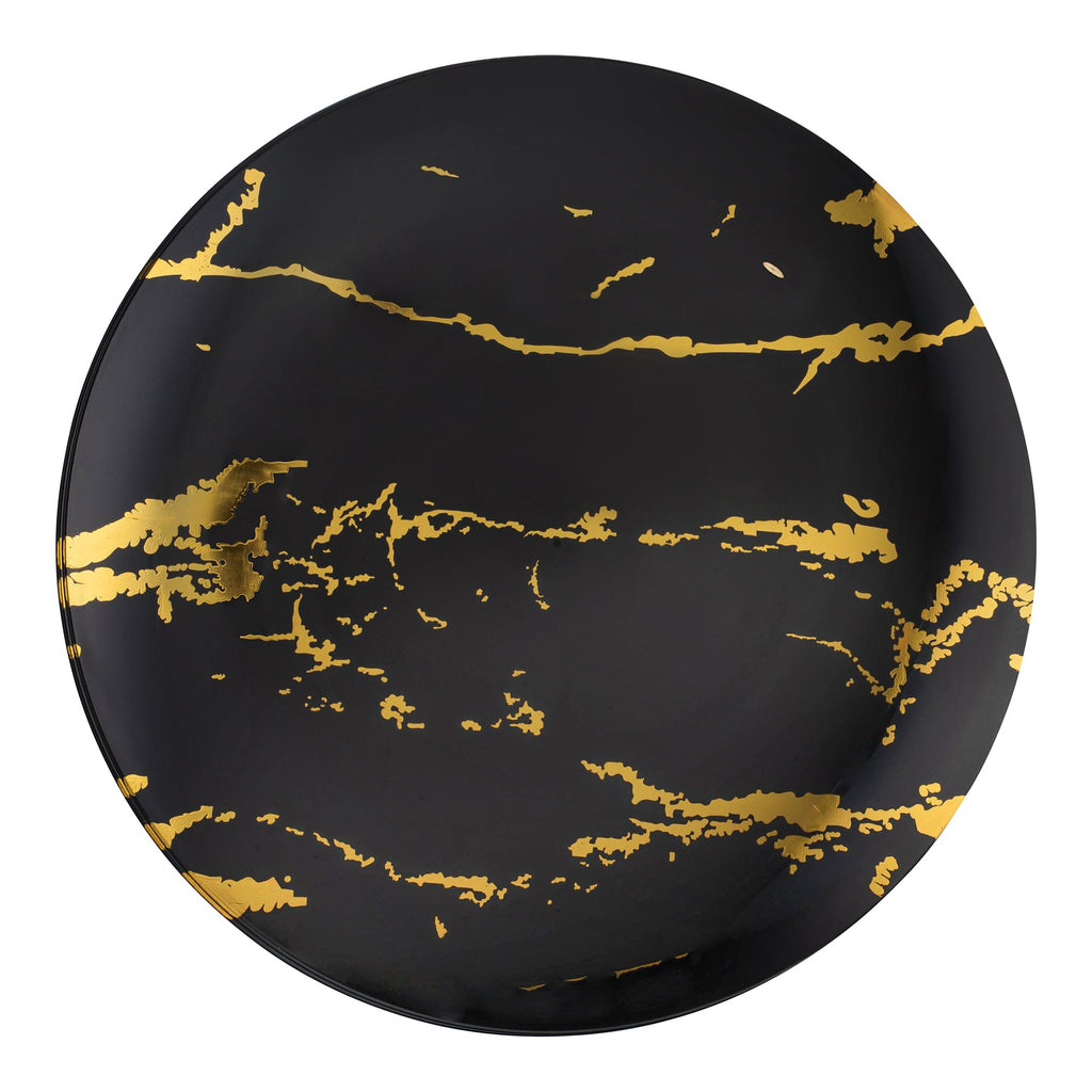 Black with Gold Marble Stroke Round Disposable Plastic Dinner Plates (10.25")