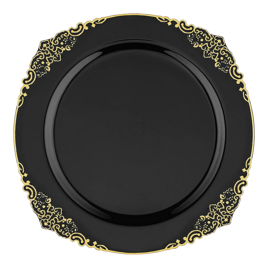 Black with Gold Fancy Round Disposable Plastic Salad Plates (7.5”)