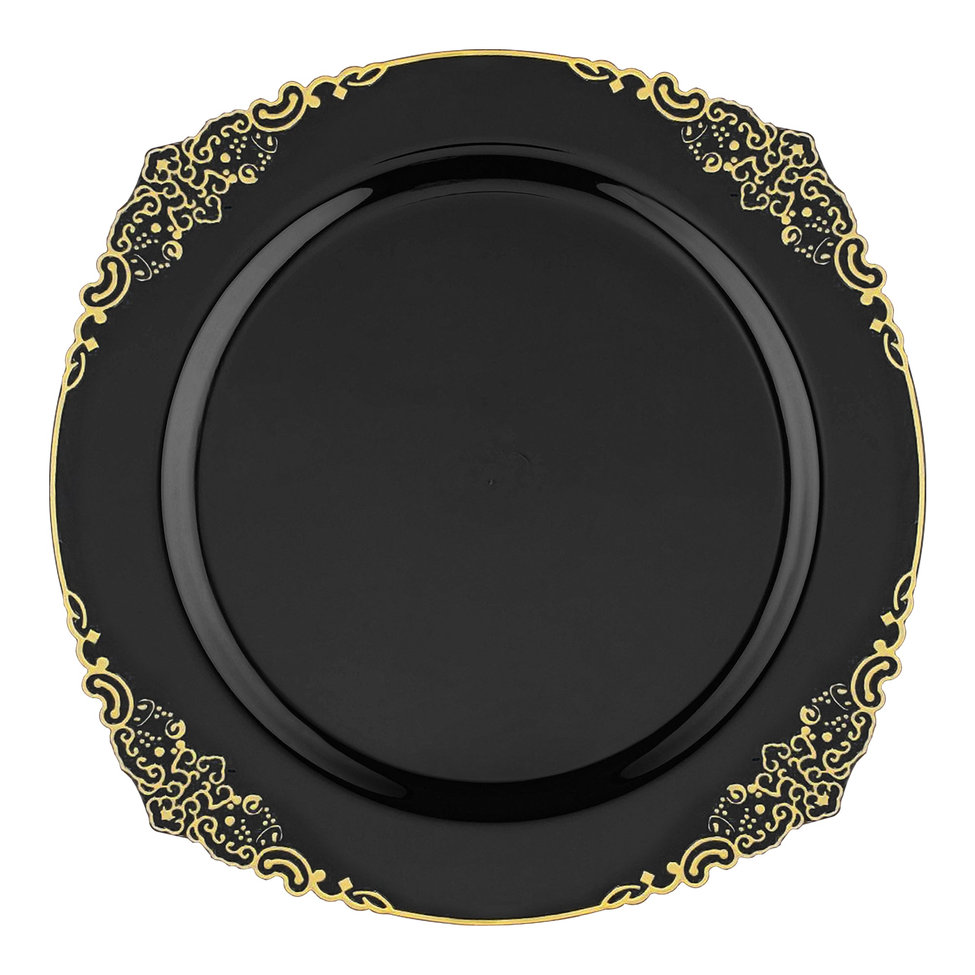 Black with Gold Fancy Round Disposable Plastic Salad Plates (7.5”)