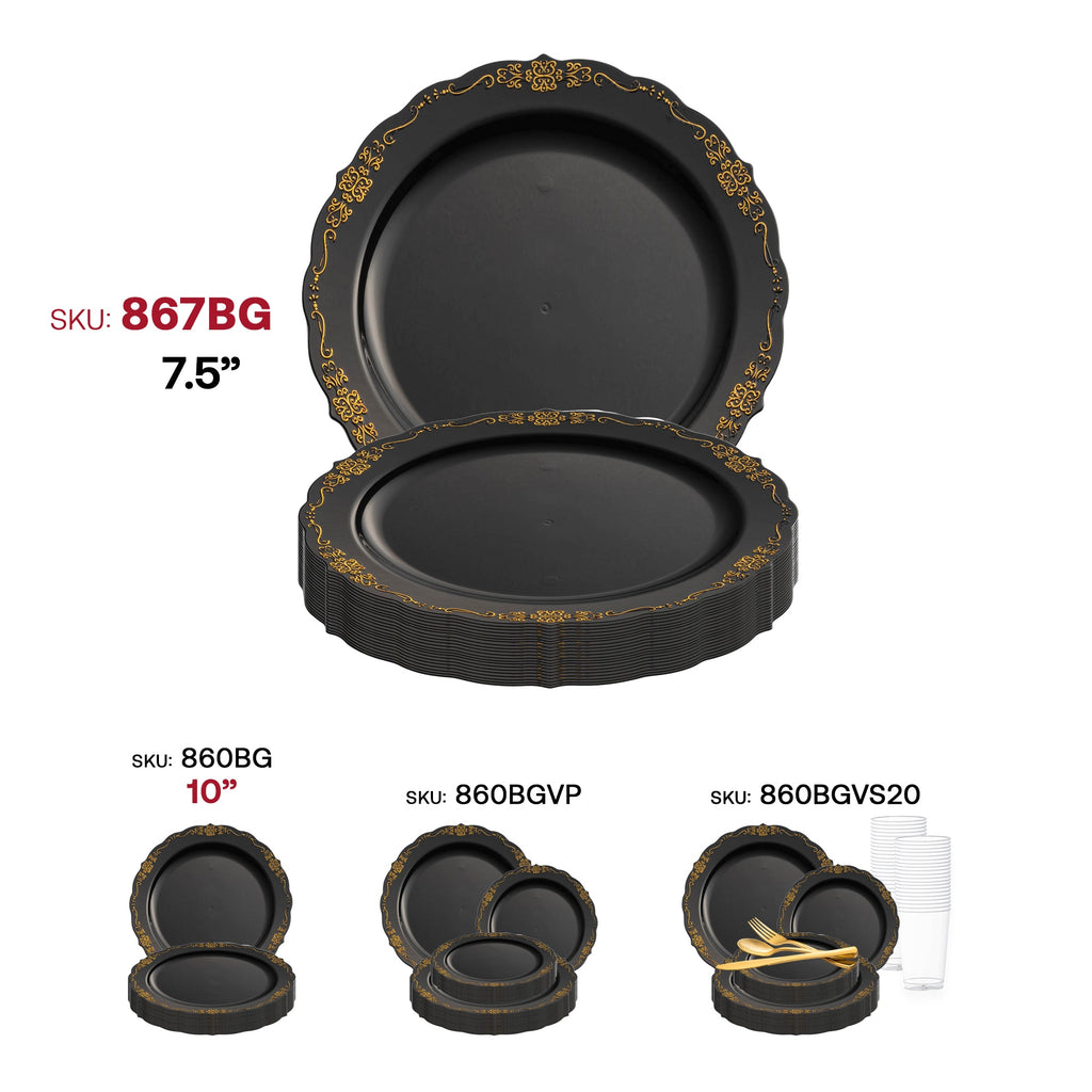 Black with Gold Vintage Rim Round Disposable Plastic Appetizer/Salad Plates (7.5")