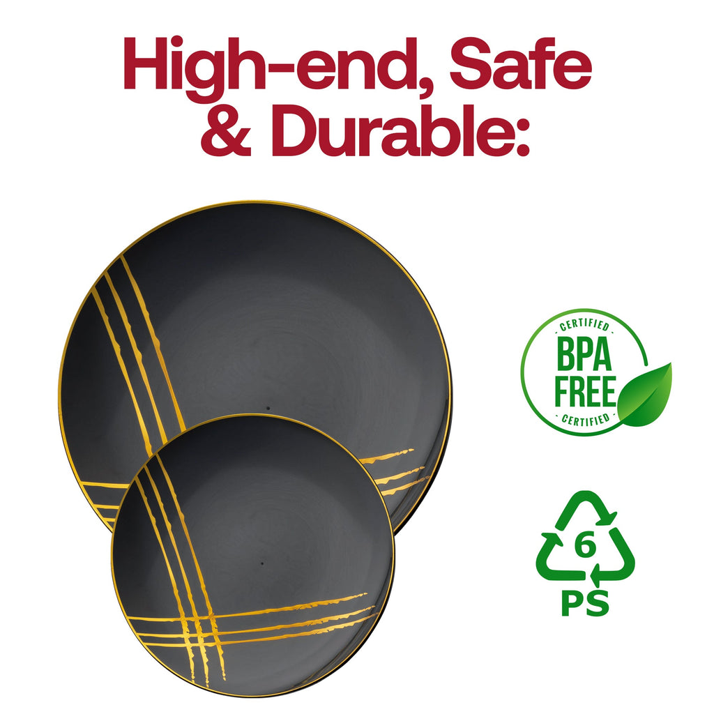 Black with Gold Brushstroke Round Disposable Plastic Appetizer/Salad Plates (7.5")