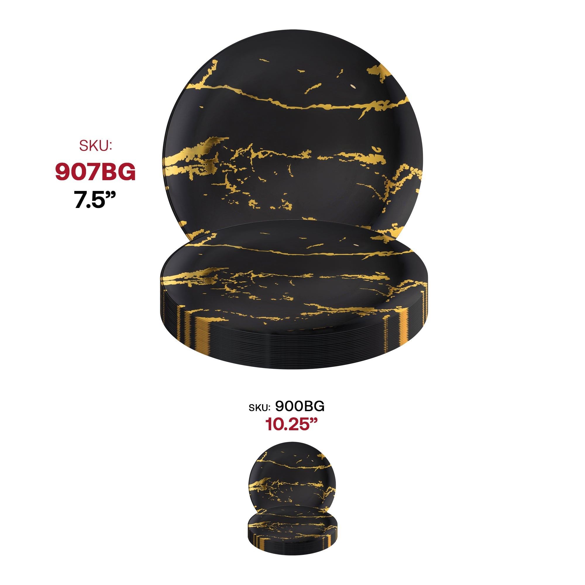 Black with Gold Marble Stroke Round Disposable Plastic Appetizer/Salad Plates (7.5")