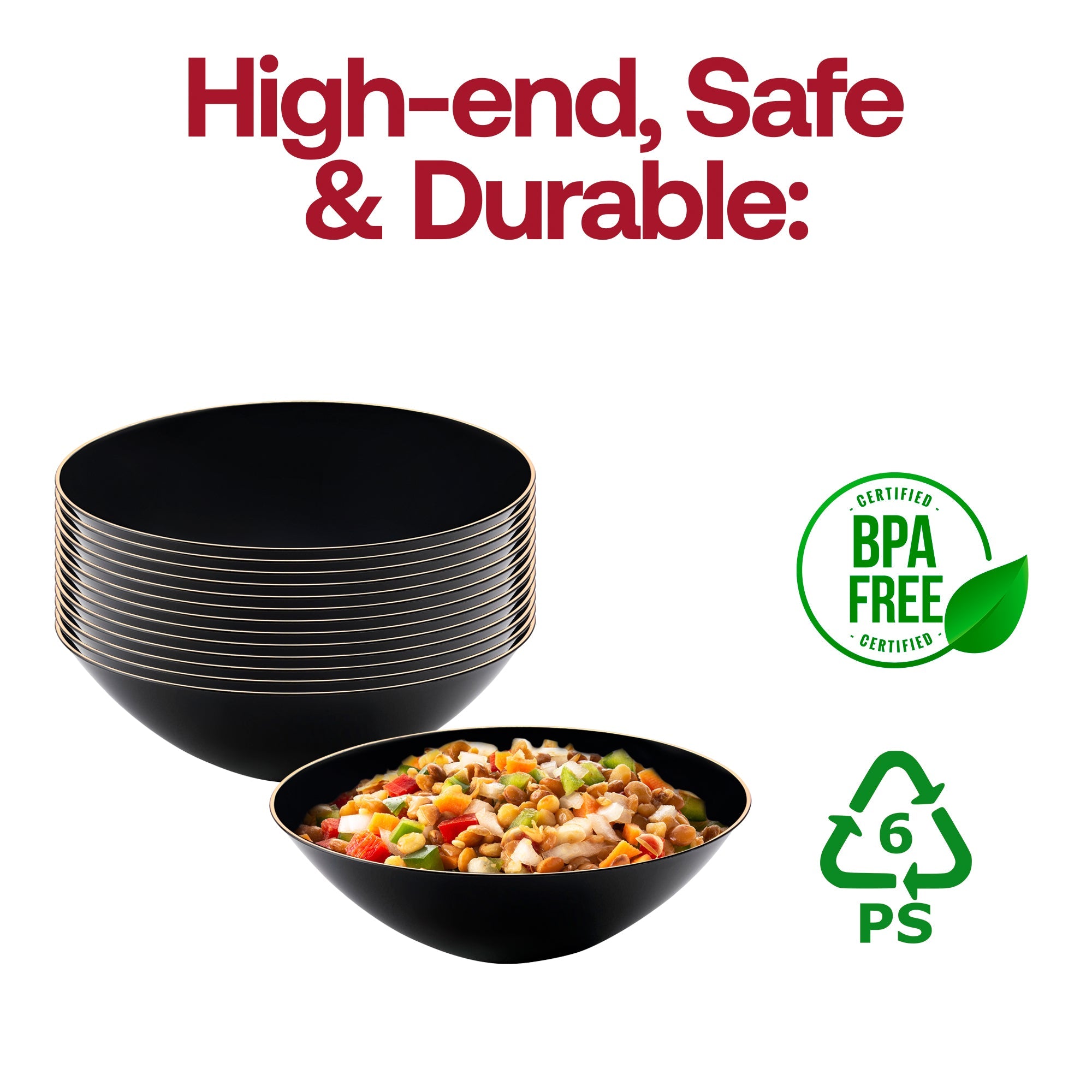 Black with Gold Rim Organic Round Disposable Plastic Soup Bowls (16 oz.)