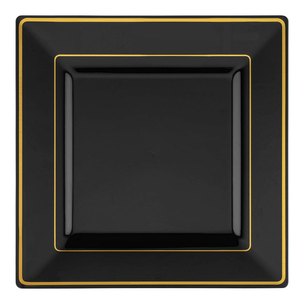 Black with Gold Square Edge Rim Plastic Appetizer/Salad Plates (6.5")
