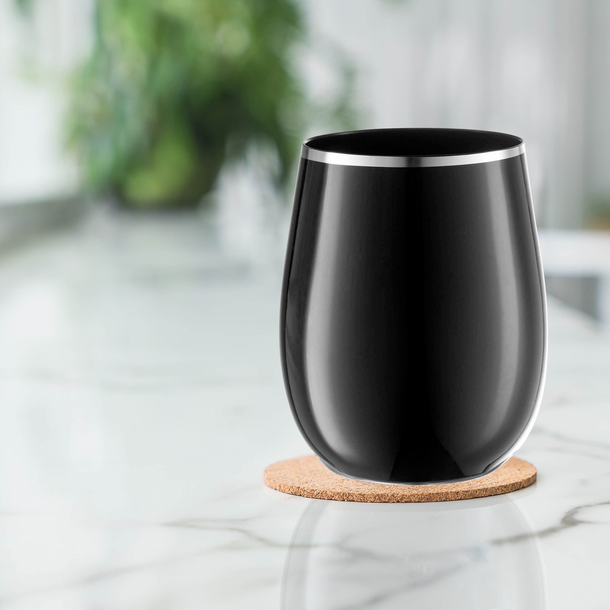 Black with Silver Elegant Stemless Plastic Wine Glasses (12 oz. )