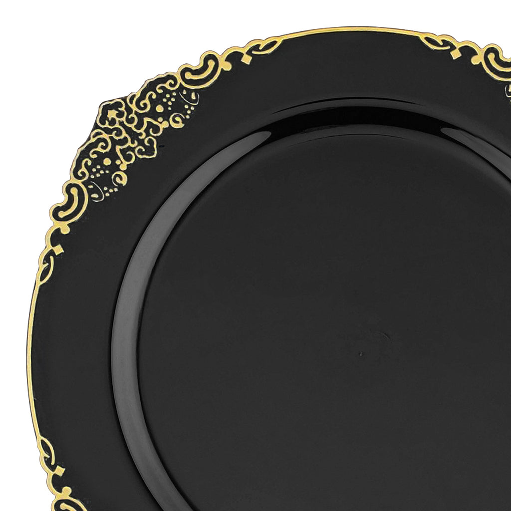 Black with Gold Fancy Round Disposable Plastic Dinner Plates (10.25”)