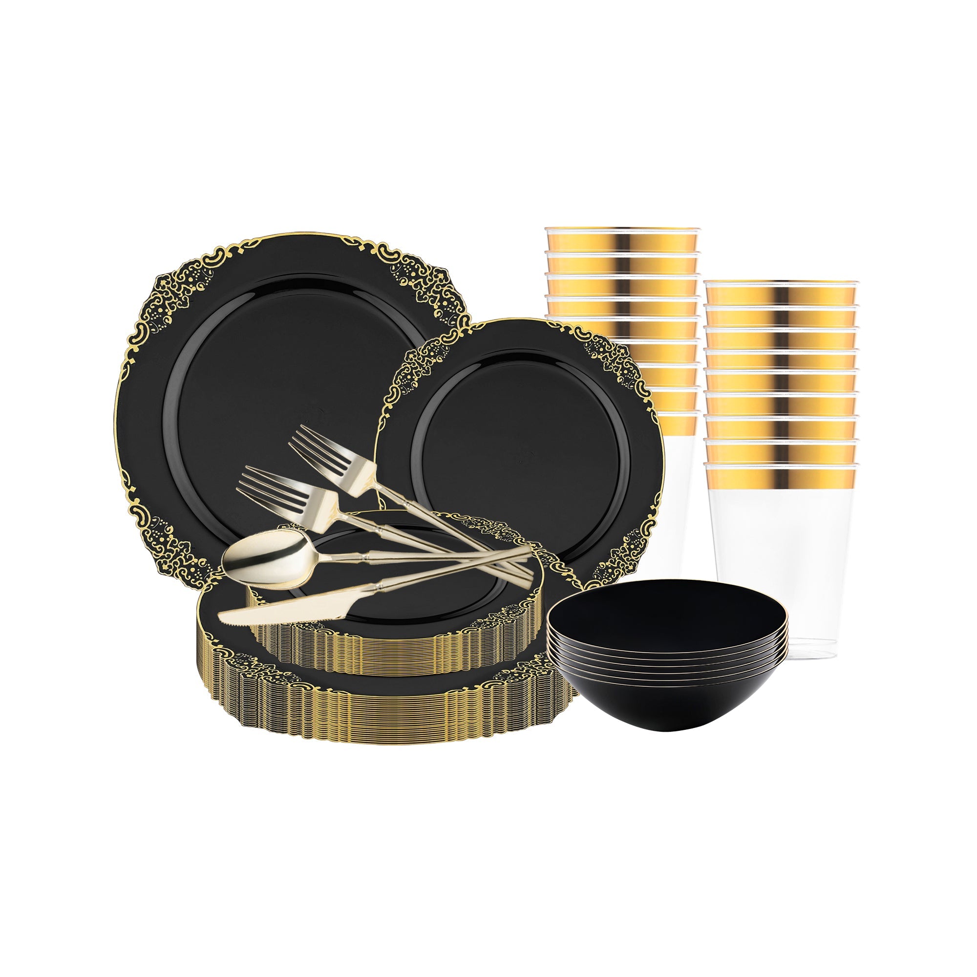 Black with Gold Fancy Round Disposable Plastic Tableware Set