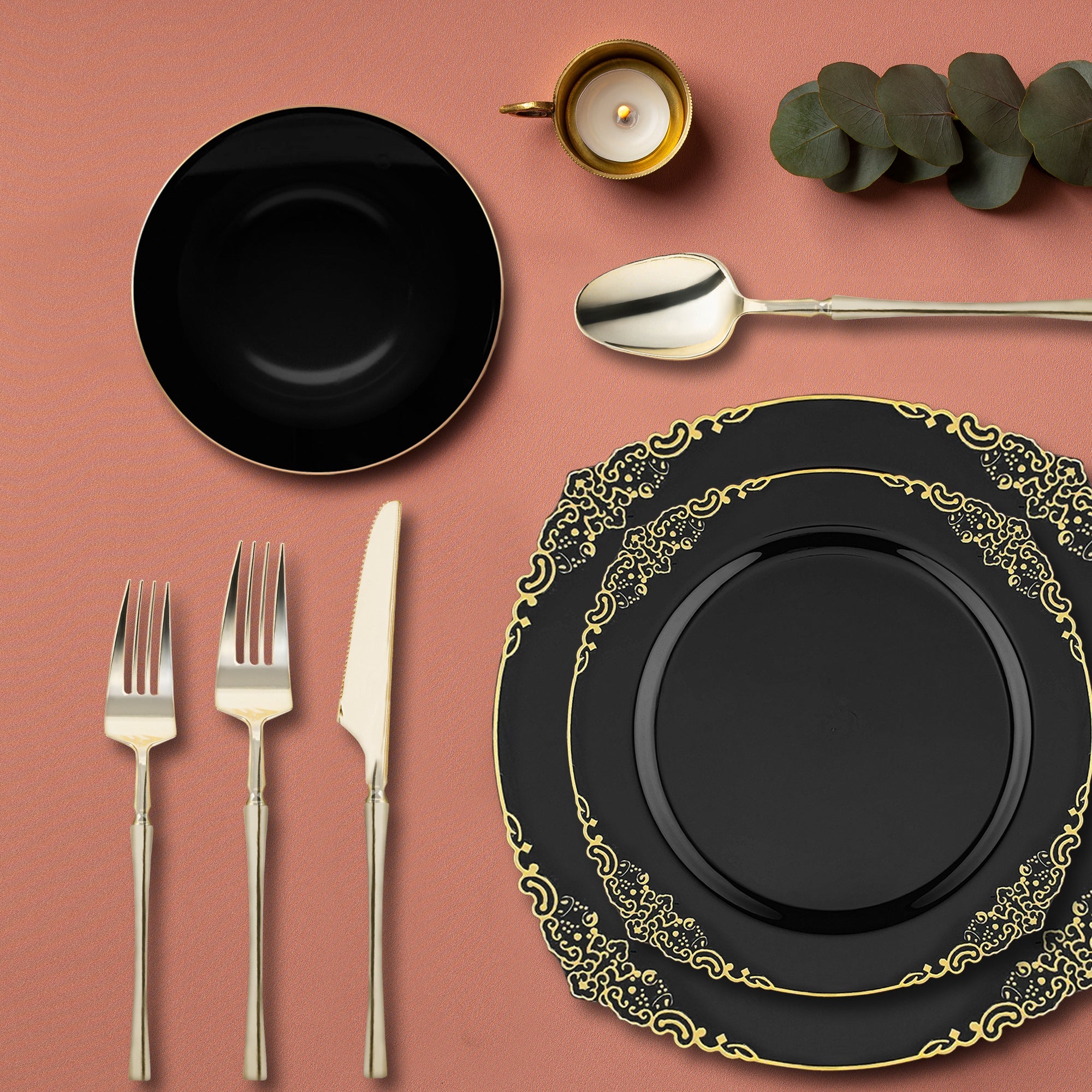 Black with Gold Fancy Round Disposable Plastic Tableware Set