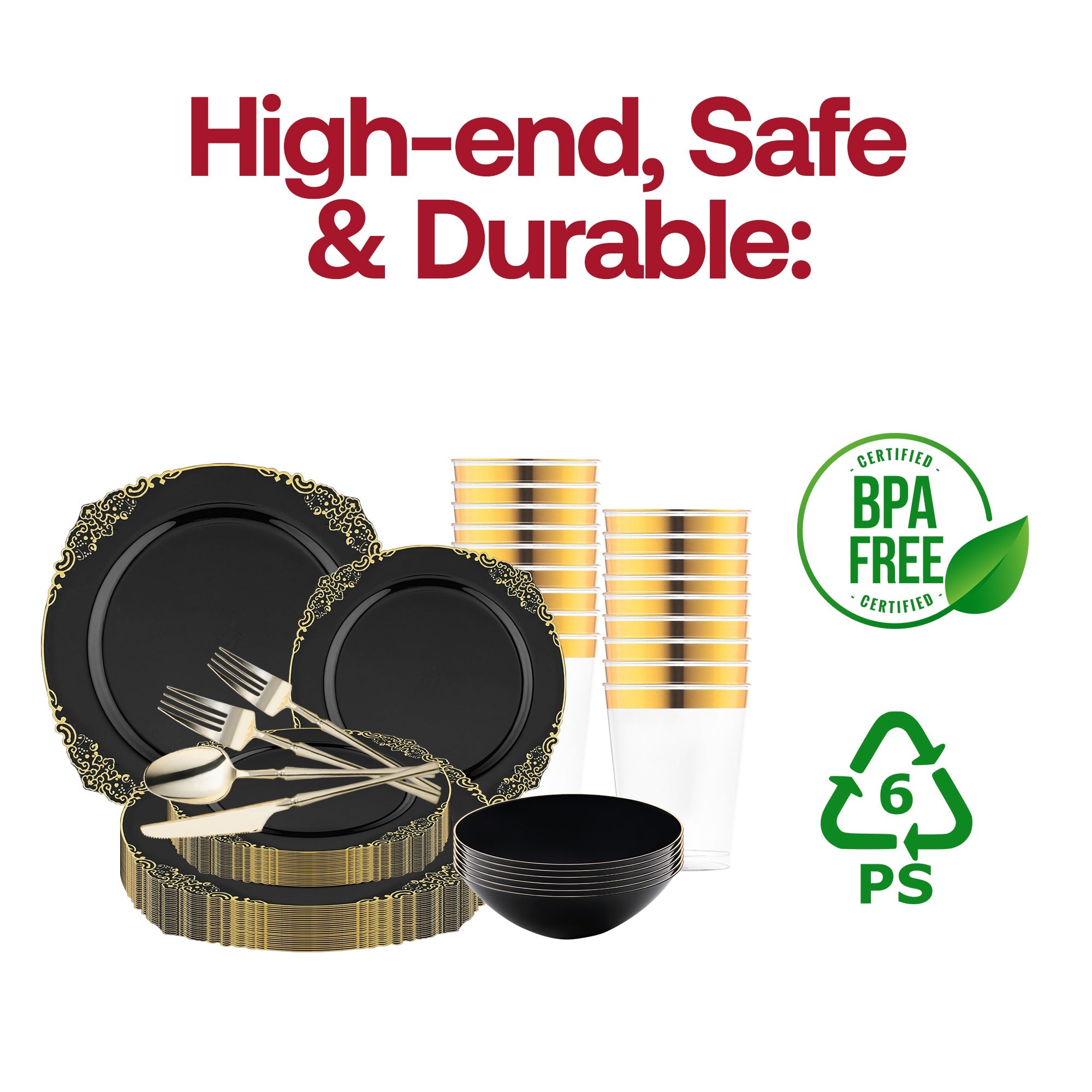 Black with Gold Fancy Round Disposable Plastic Tableware Set