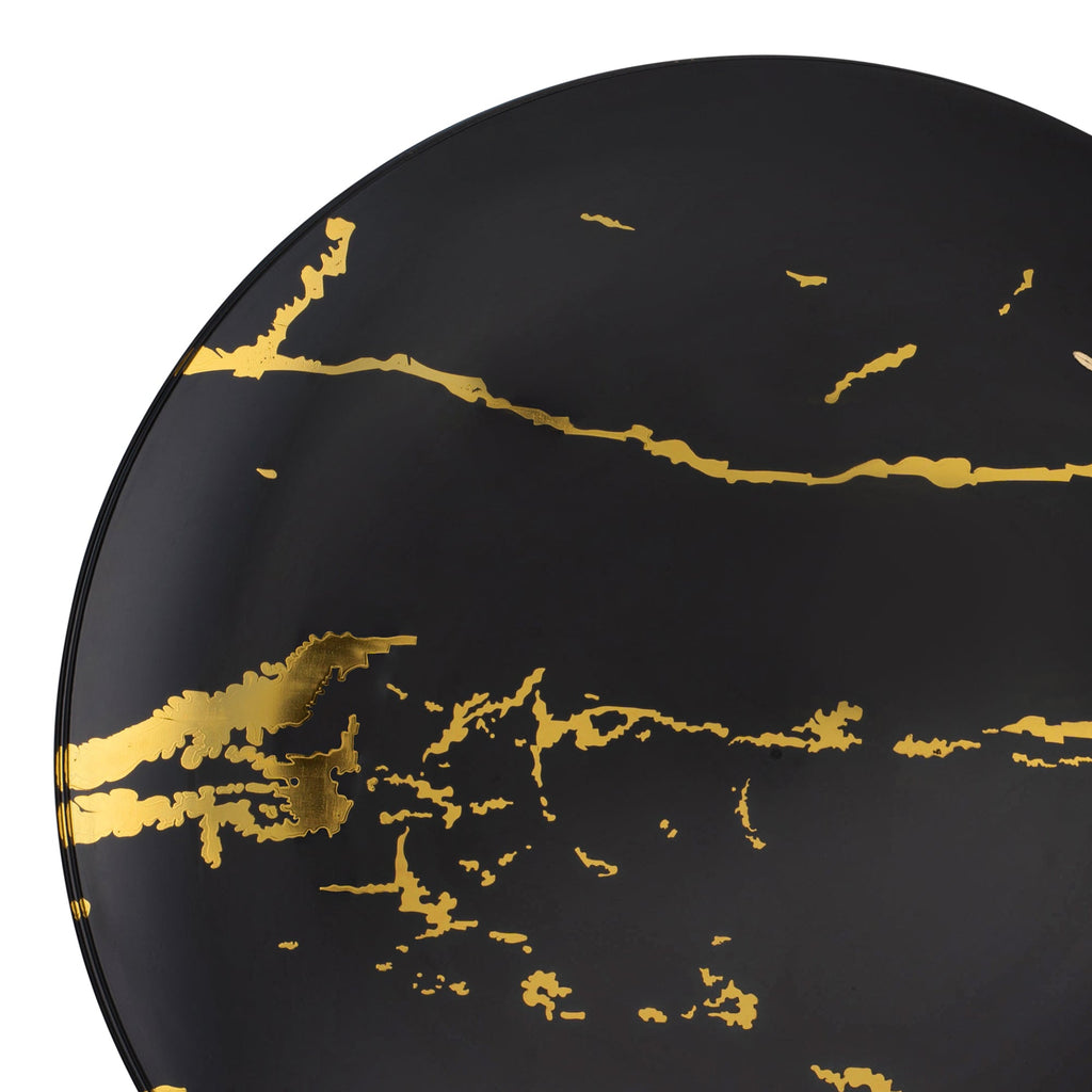 Black with Gold Marble Stroke Round Disposable Plastic Dinner Plates (10.25")