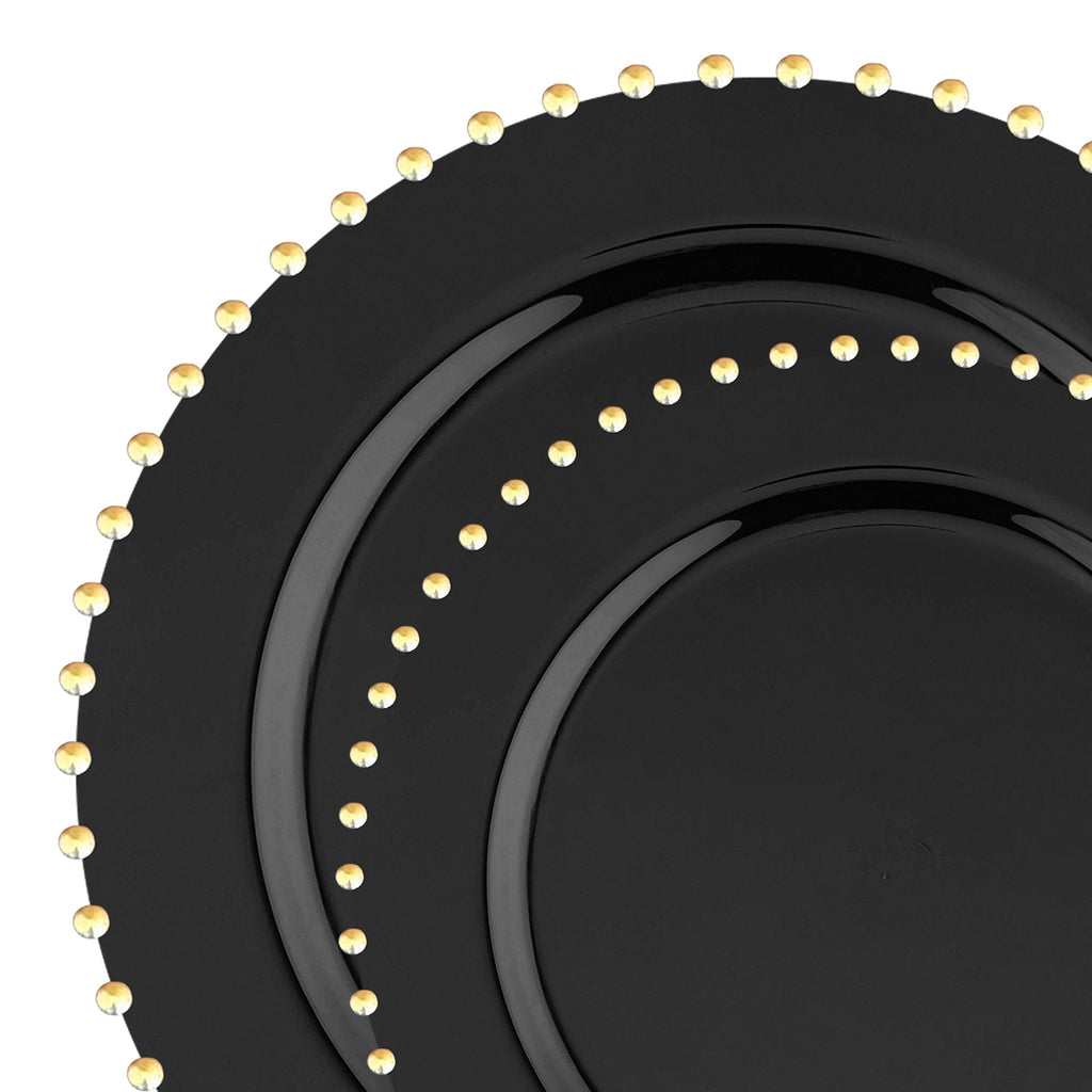 Black with Gold Pearl String Round Disposable Plastic Dinnerware Value Set