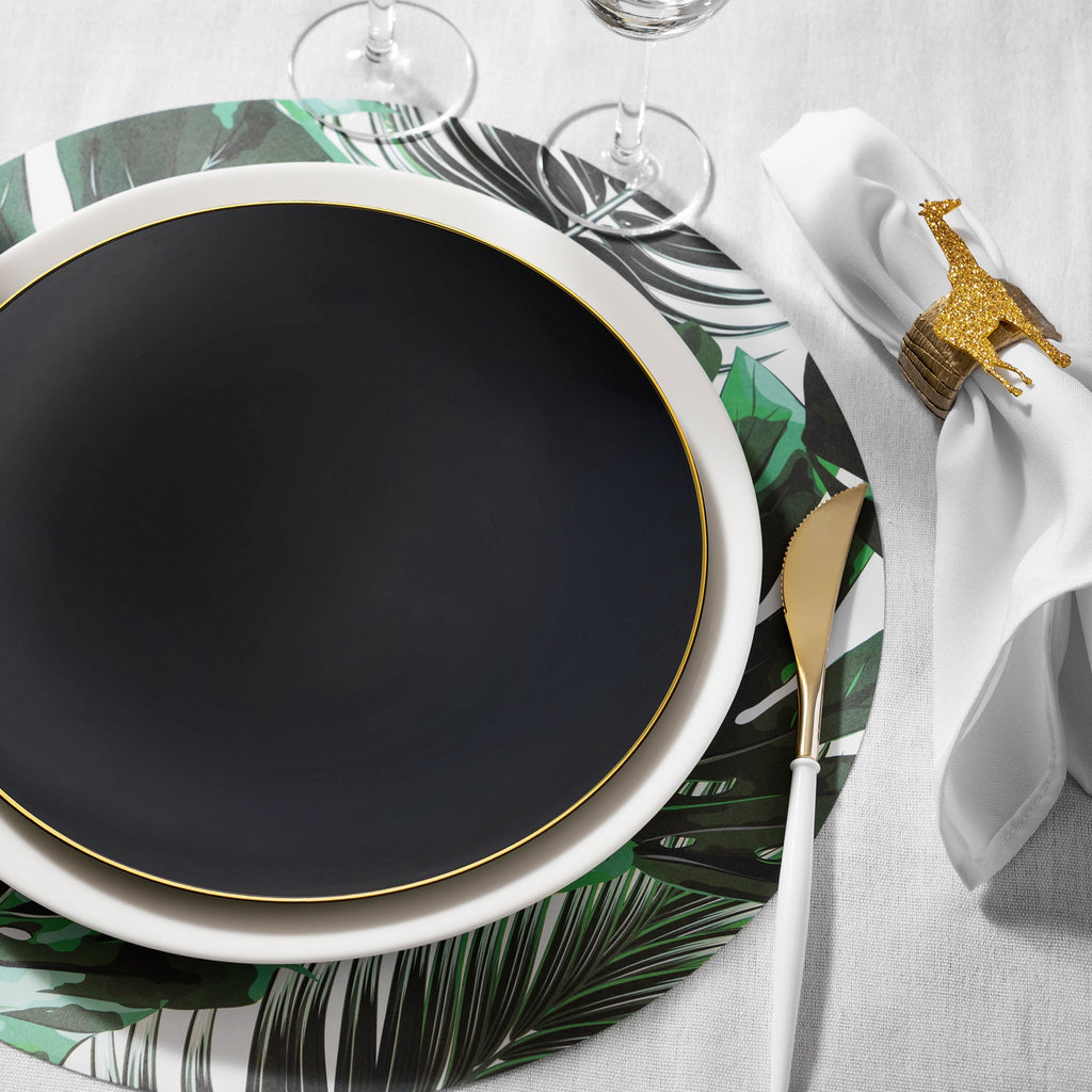 Black with Gold Rim Organic Round Disposable Plastic Dinner Plates (10.25")
