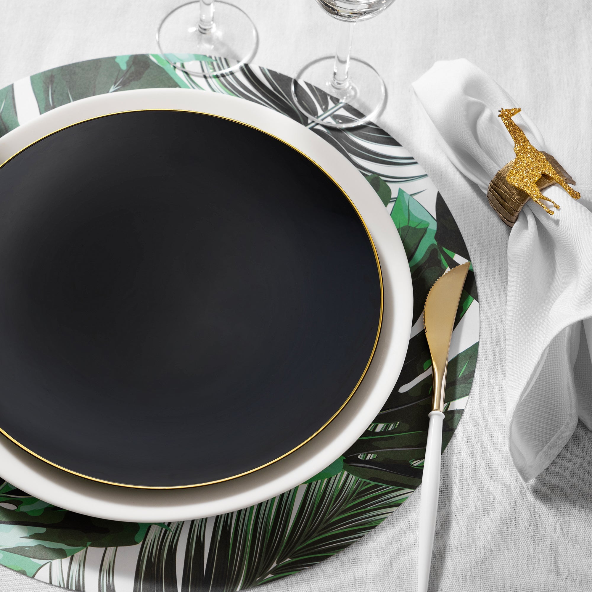 Black with Gold Rim Organic Round Disposable Plastic Dinner Plates (10.25")