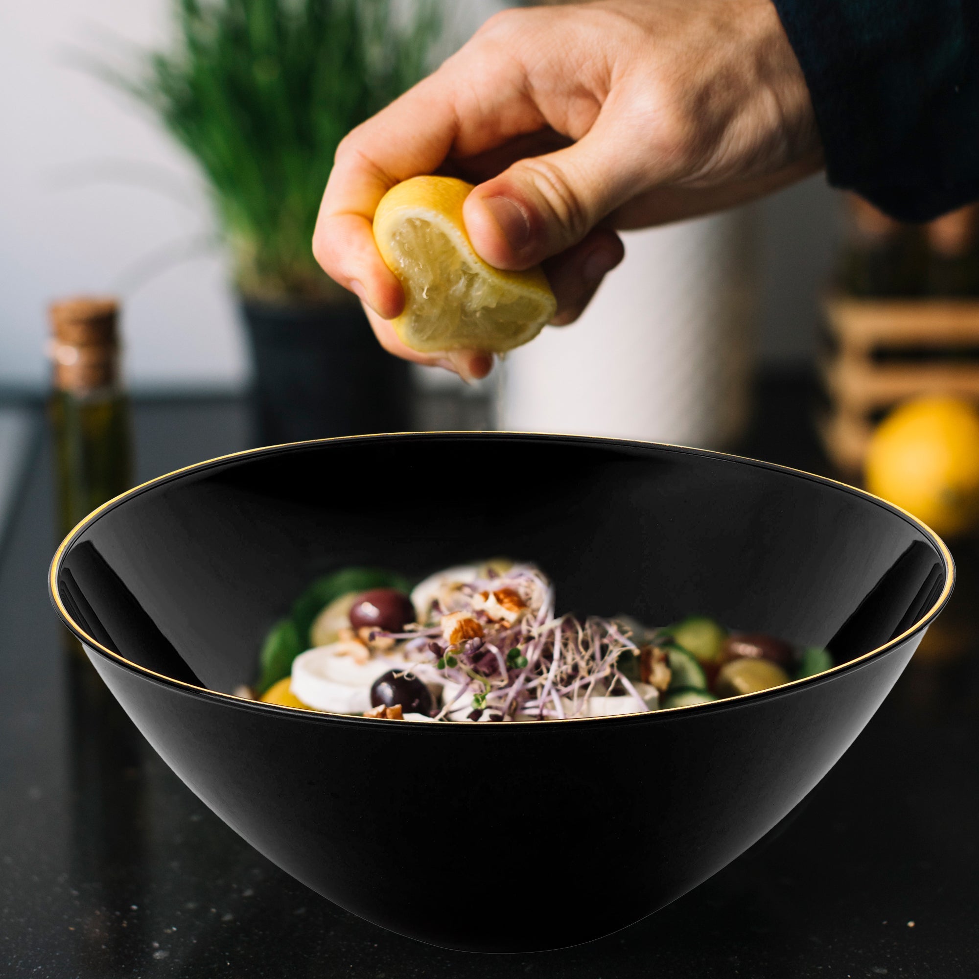 Black with Gold Rim Organic Round Disposable Plastic Bowls (32 oz.)