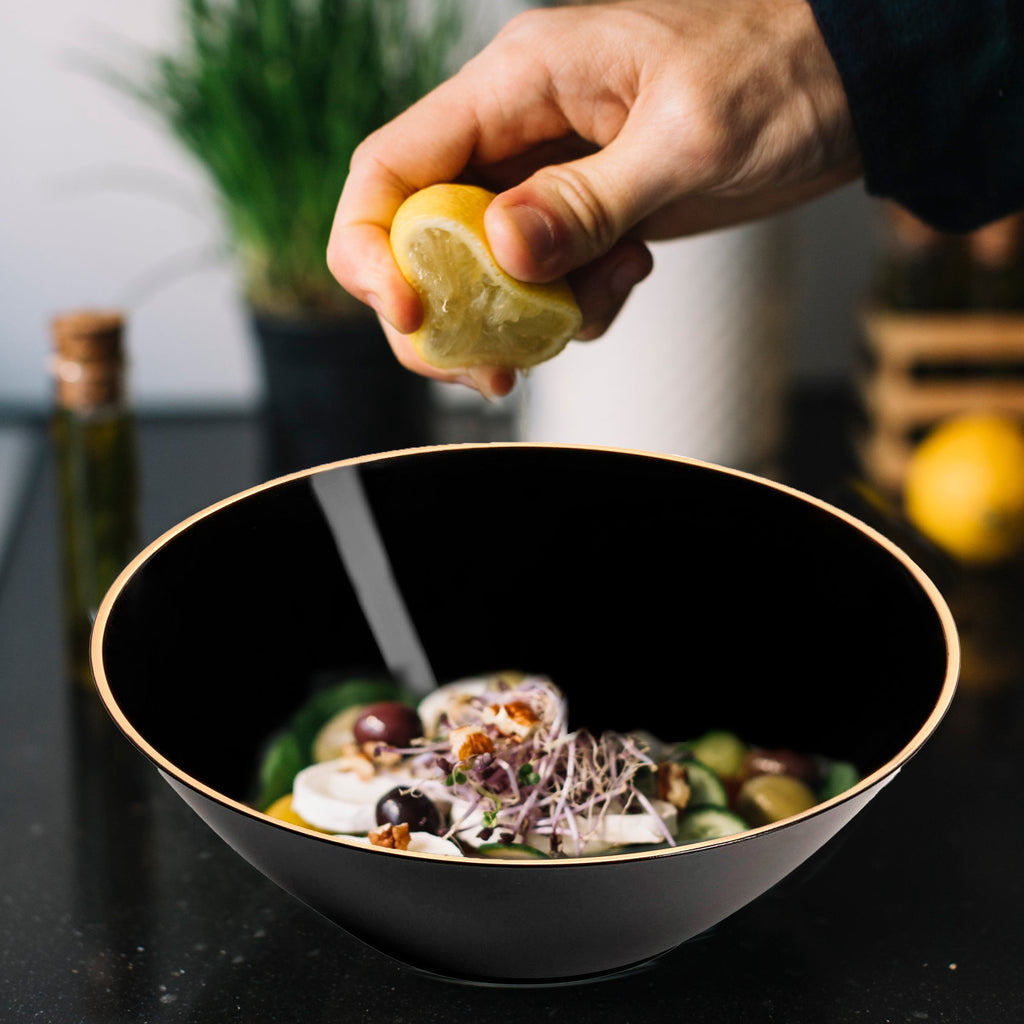 Black with Gold Rim Organic Round Disposable Plastic Dessert Bowls (6 oz.)