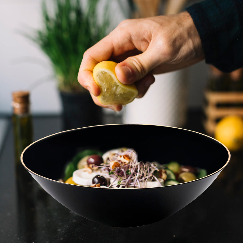 Black with Gold Rim Organic Round Disposable Plastic Soup Bowls (16 oz.)