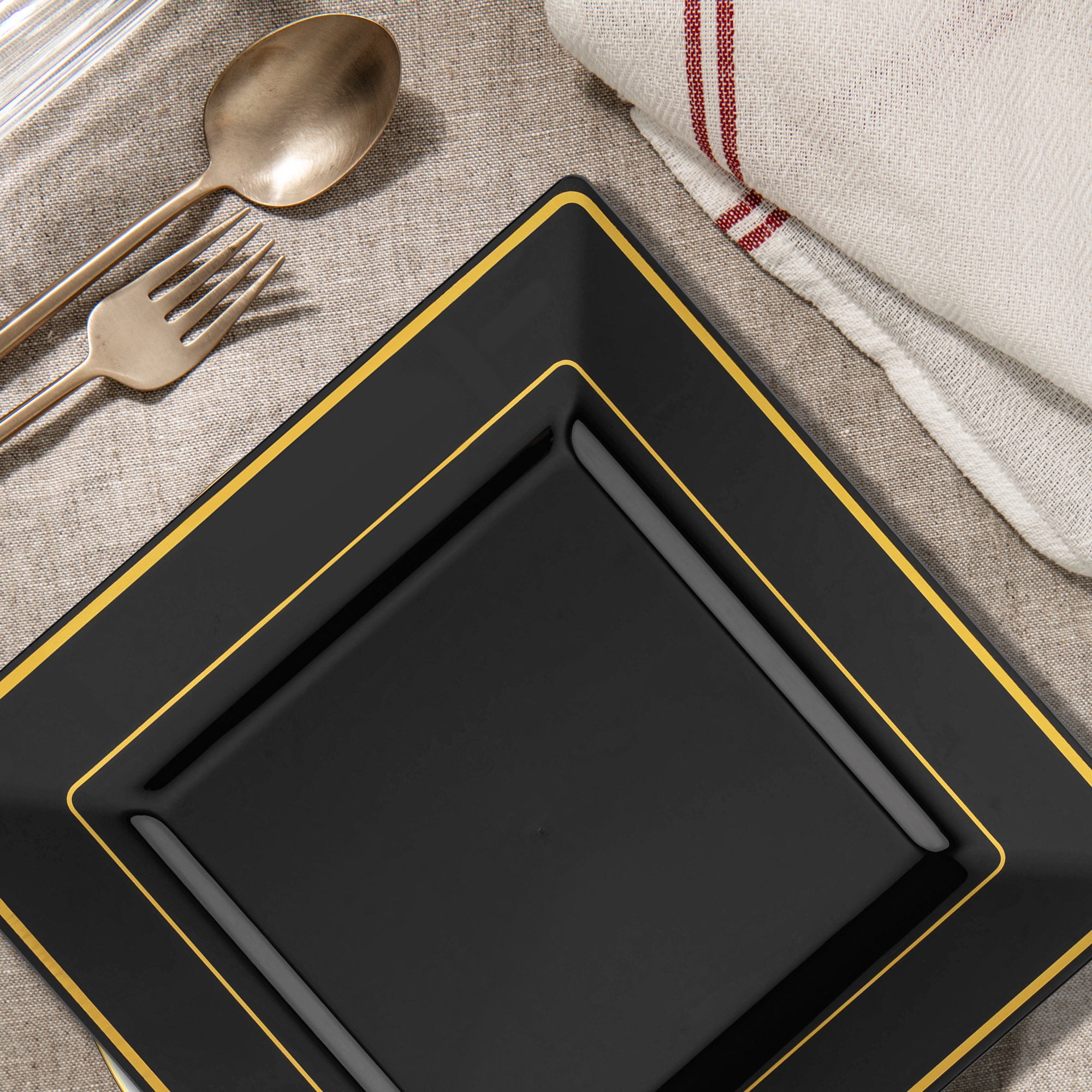 Black with Gold Square Edge Rim Plastic Appetizer/Salad Plates (6.5")