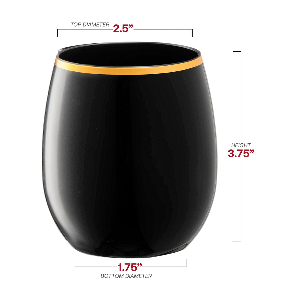 Black with Gold Elegant Stemless Plastic Wine Glasses (12 oz. )