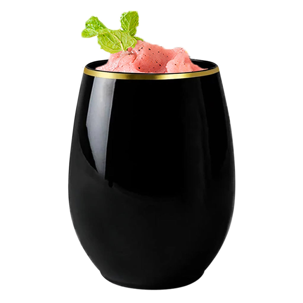 Black with Gold Elegant Stemless Plastic Wine Glasses (12 oz. )