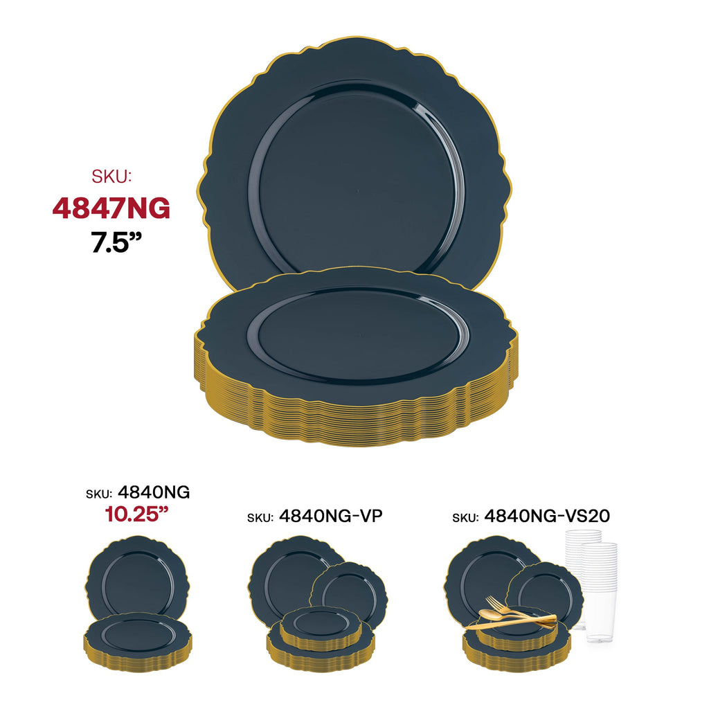 Navy with Gold Rim Round Blossom Disposable Plastic Appetizer/Salad Plates (7.5")