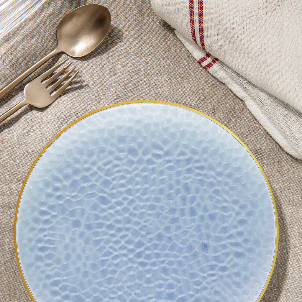 Clear Blue with Gold Rim Hammered Glass Disposable Plastic Appetizer/Salad Plates (7.5")