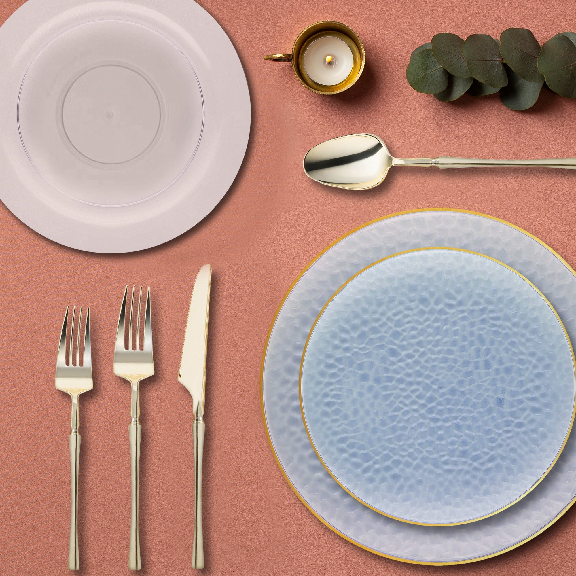 Clear Blue with Gold Rim Hammered Glass Disposable Plastic Tableware Set