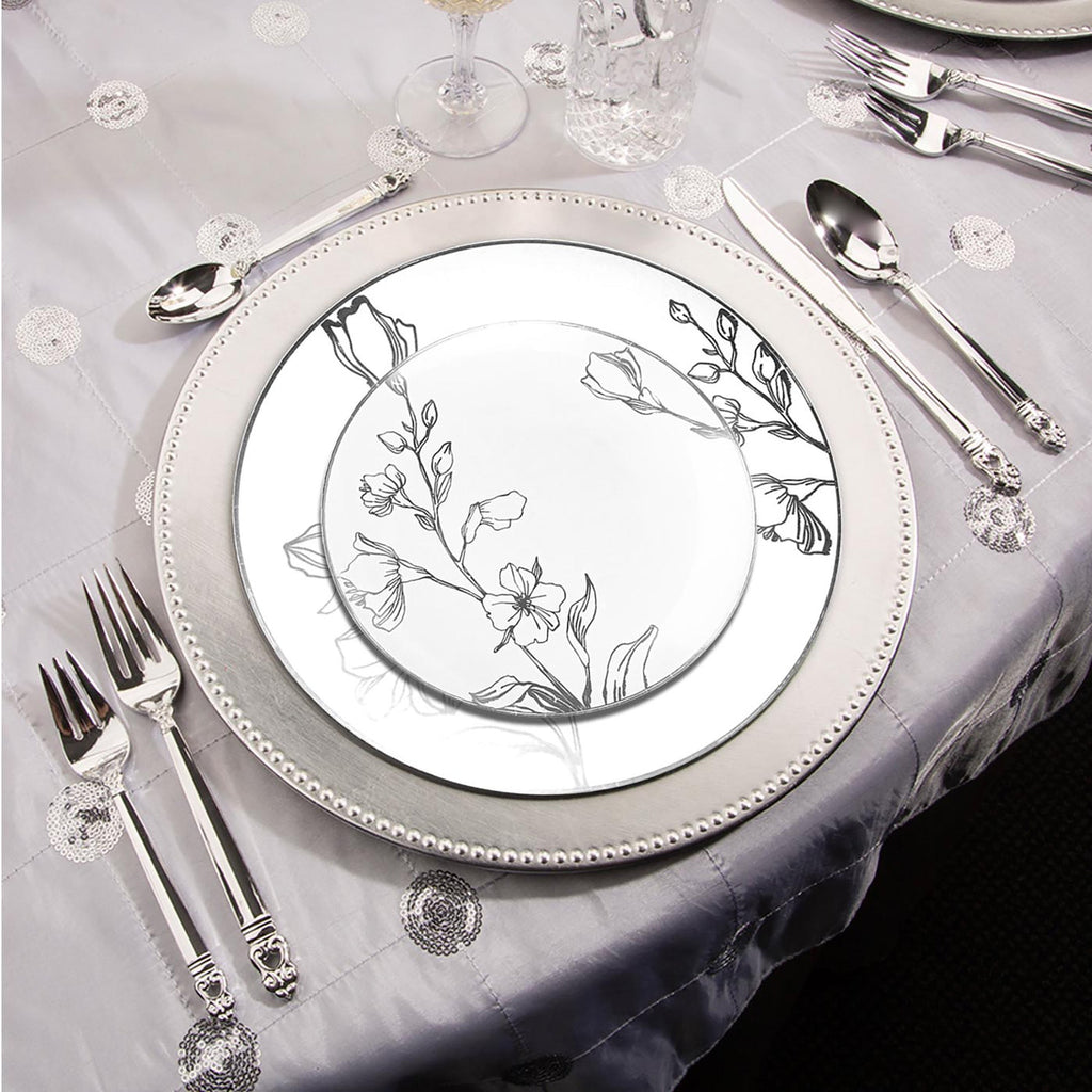 White with Silver Antique Floral Round Disposable Plastic Wedding Value Set