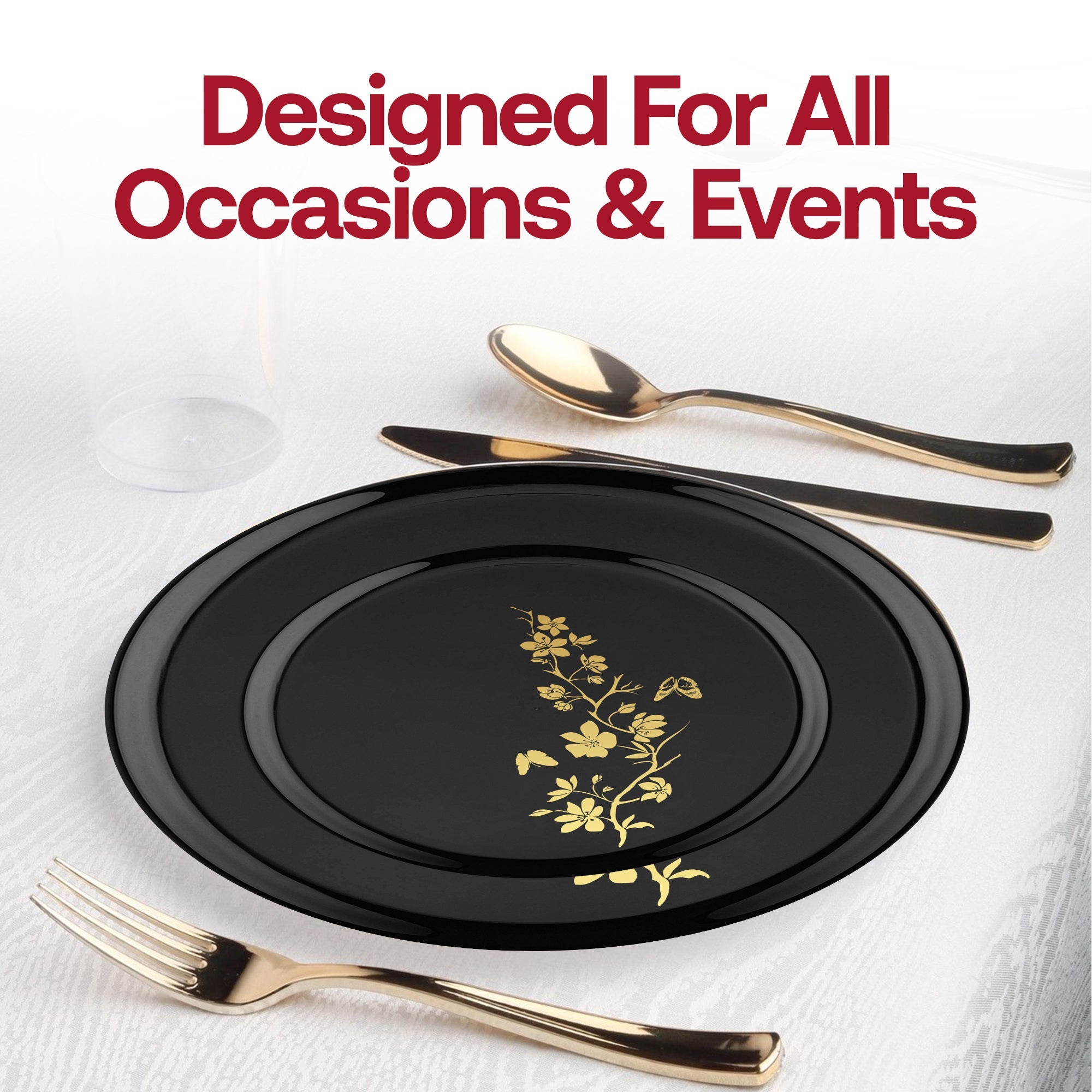 Black with Gold Floral Round Plastic Appetizer/Salad Plates (8.5")