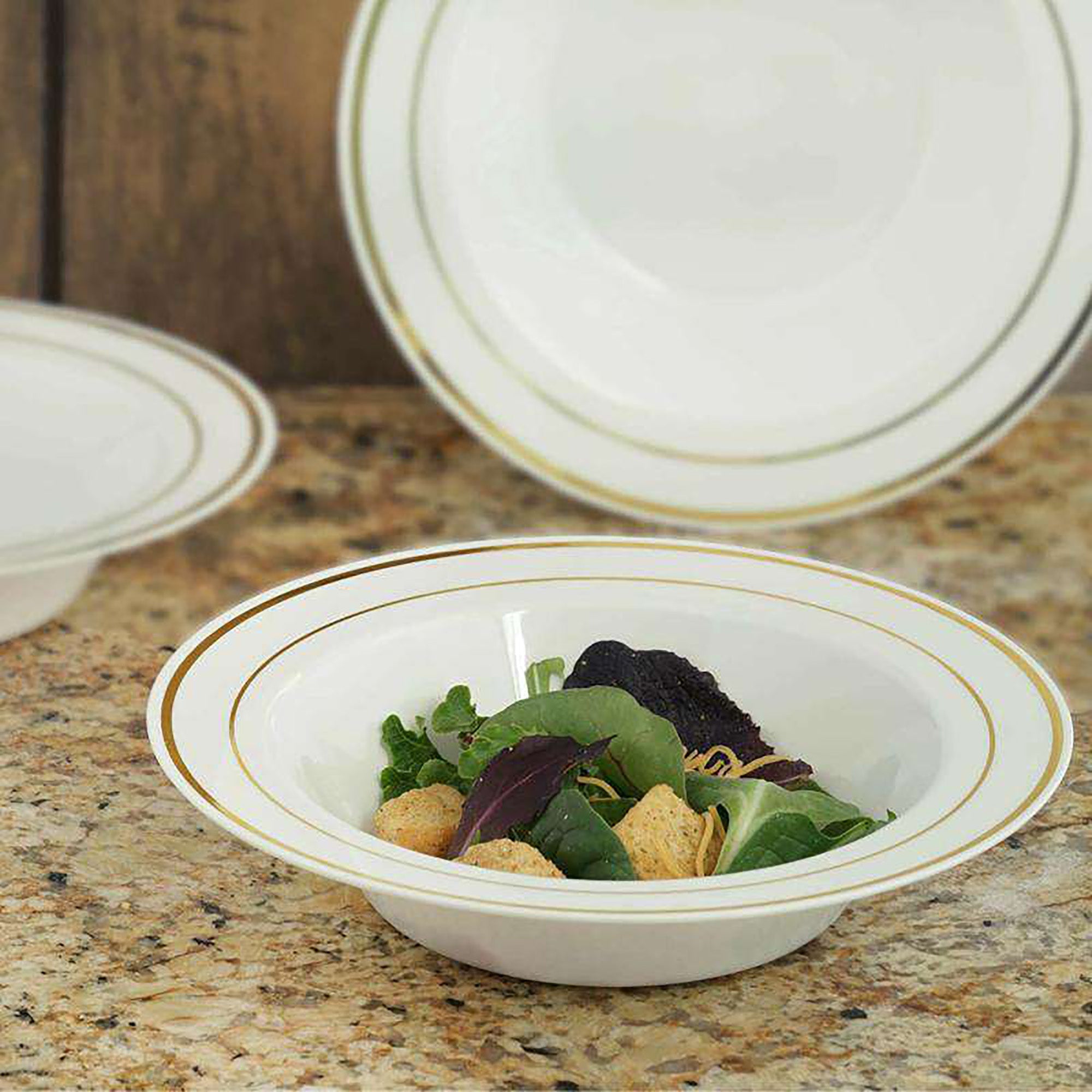 White with Gold Edge Rim Plastic Soup Bowls (12 oz.)