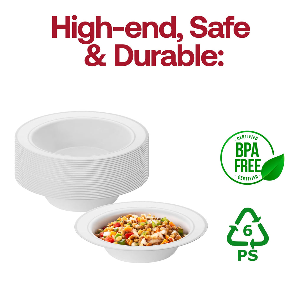 White with Silver Edge Rim Plastic Soup Bowls (12 oz.)