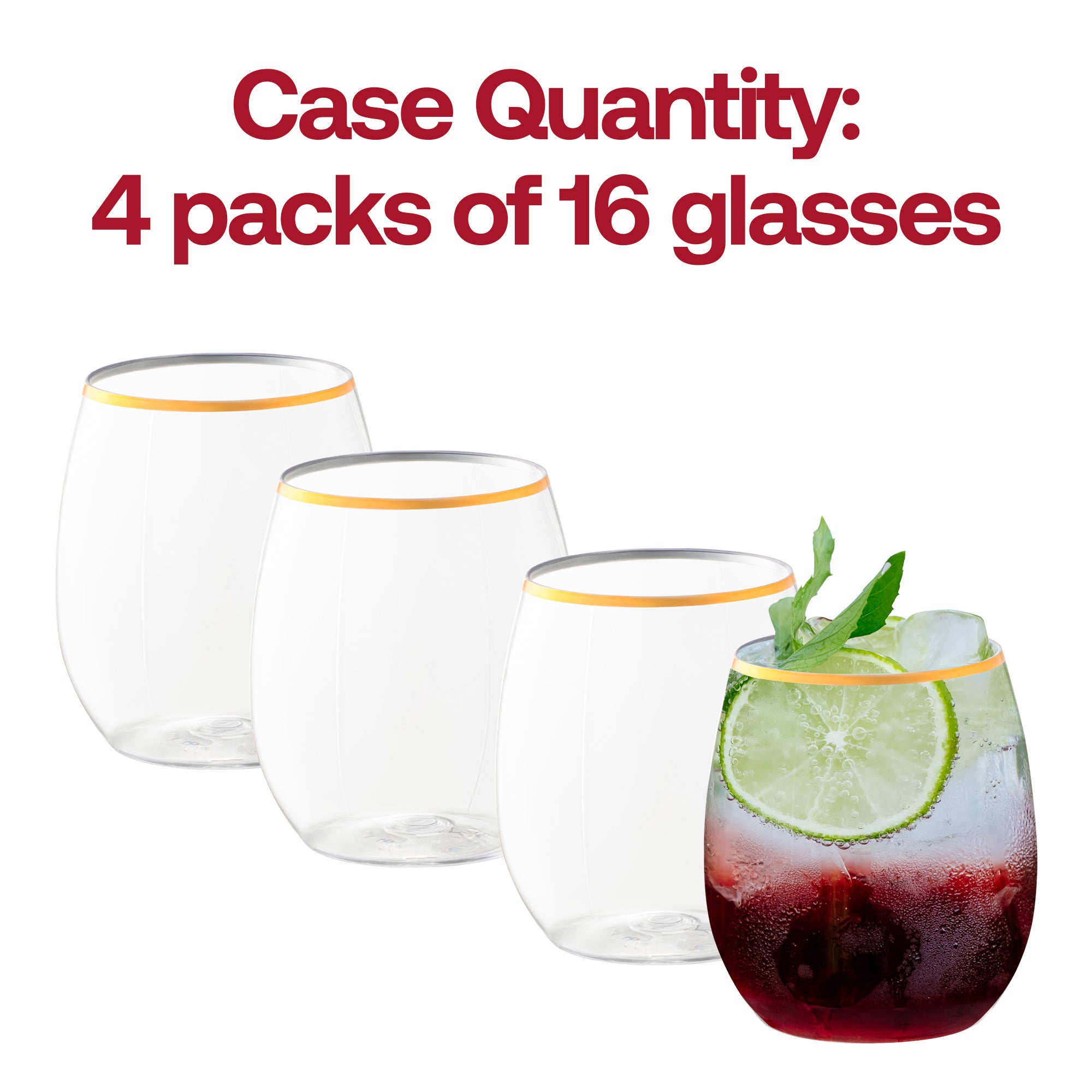 Clear with Gold Elegant Stemless Plastic Wine Glasses (12 oz. )