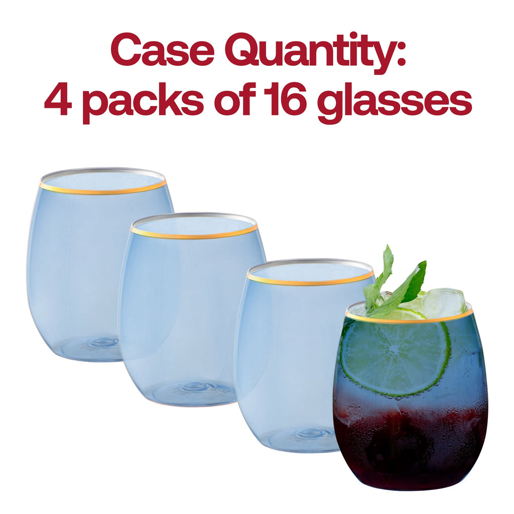 Clear Blue with Gold Elegant Stemless Plastic Wine Glasses (12 oz.)