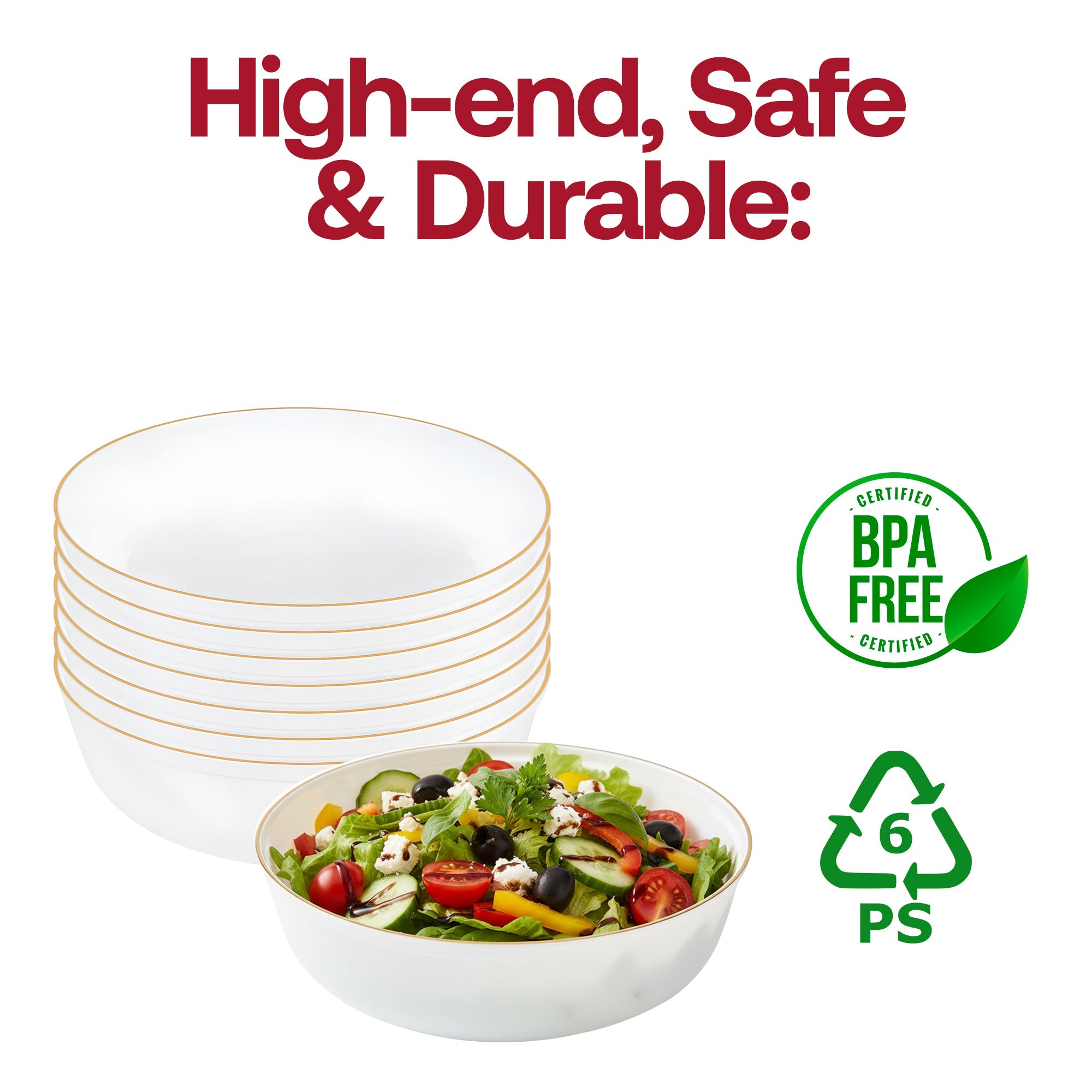 White with Gold Flat Plastic Soup Bowls (16 oz.)