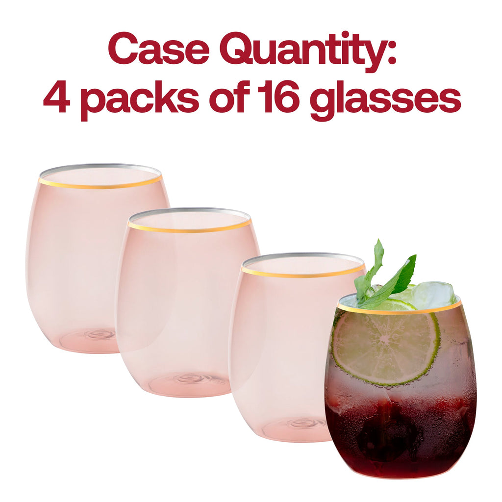 Clear Pink with Gold Elegant Stemless Plastic Wine Glasses (12 oz.)