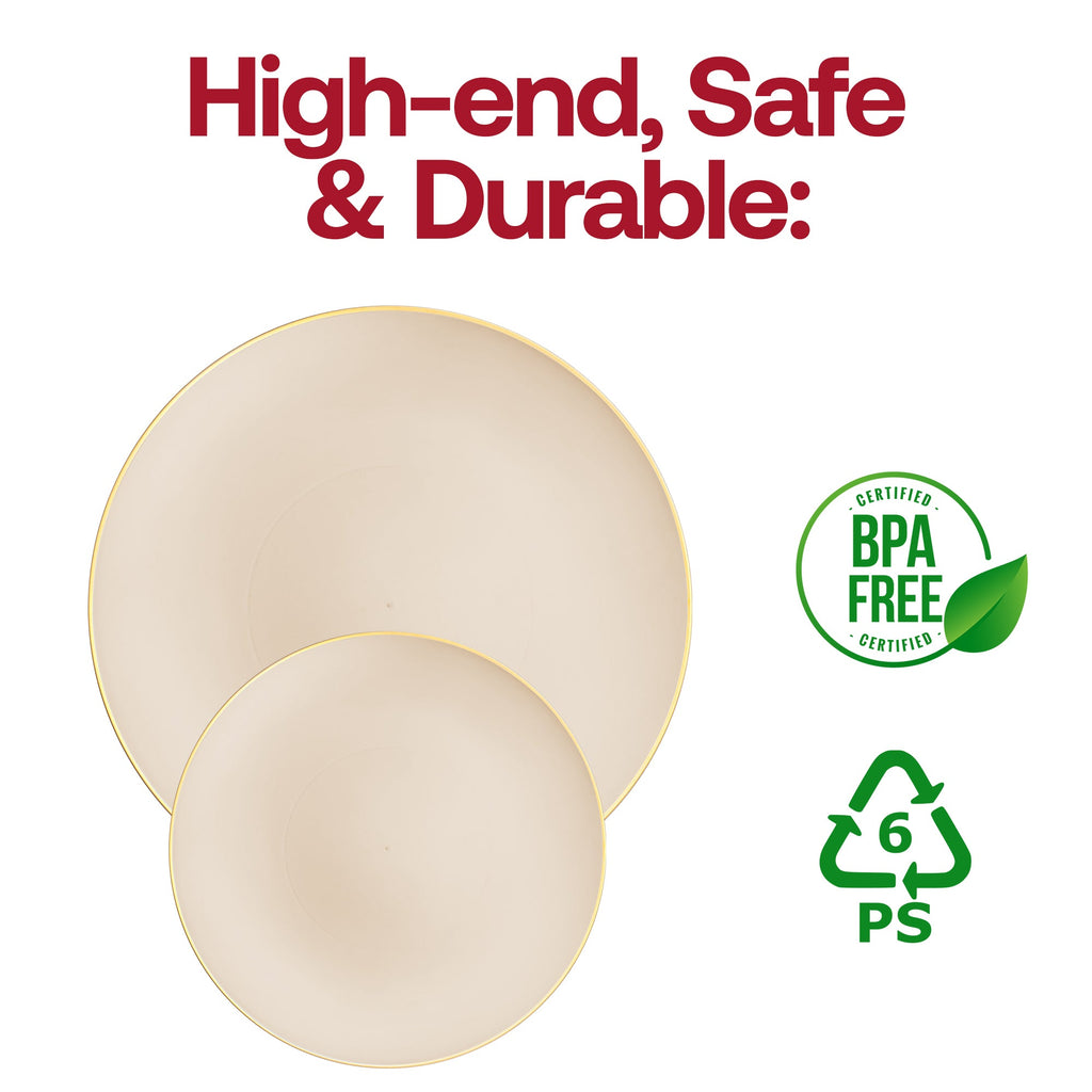Ivory with Gold Rim Organic Round Disposable Plastic Dinner Plates (10.25")