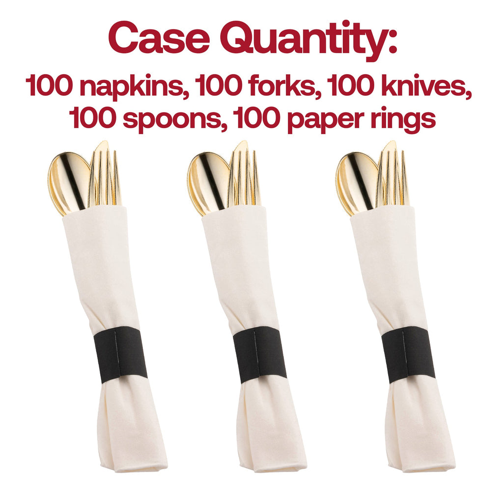 Gold Plastic Cutlery in White Napkin Rolls Set