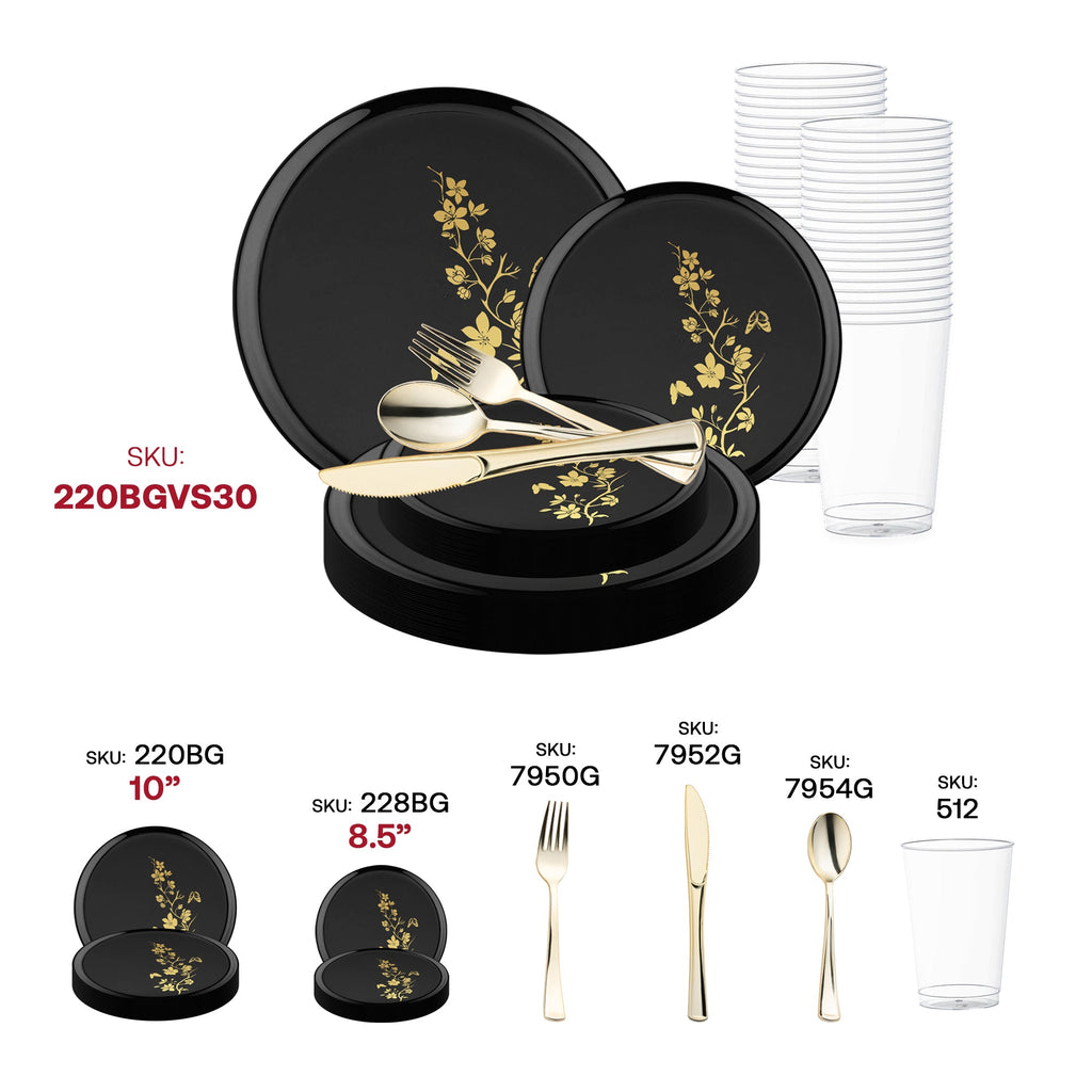 Black with Gold Floral Plastic Wedding Value Set