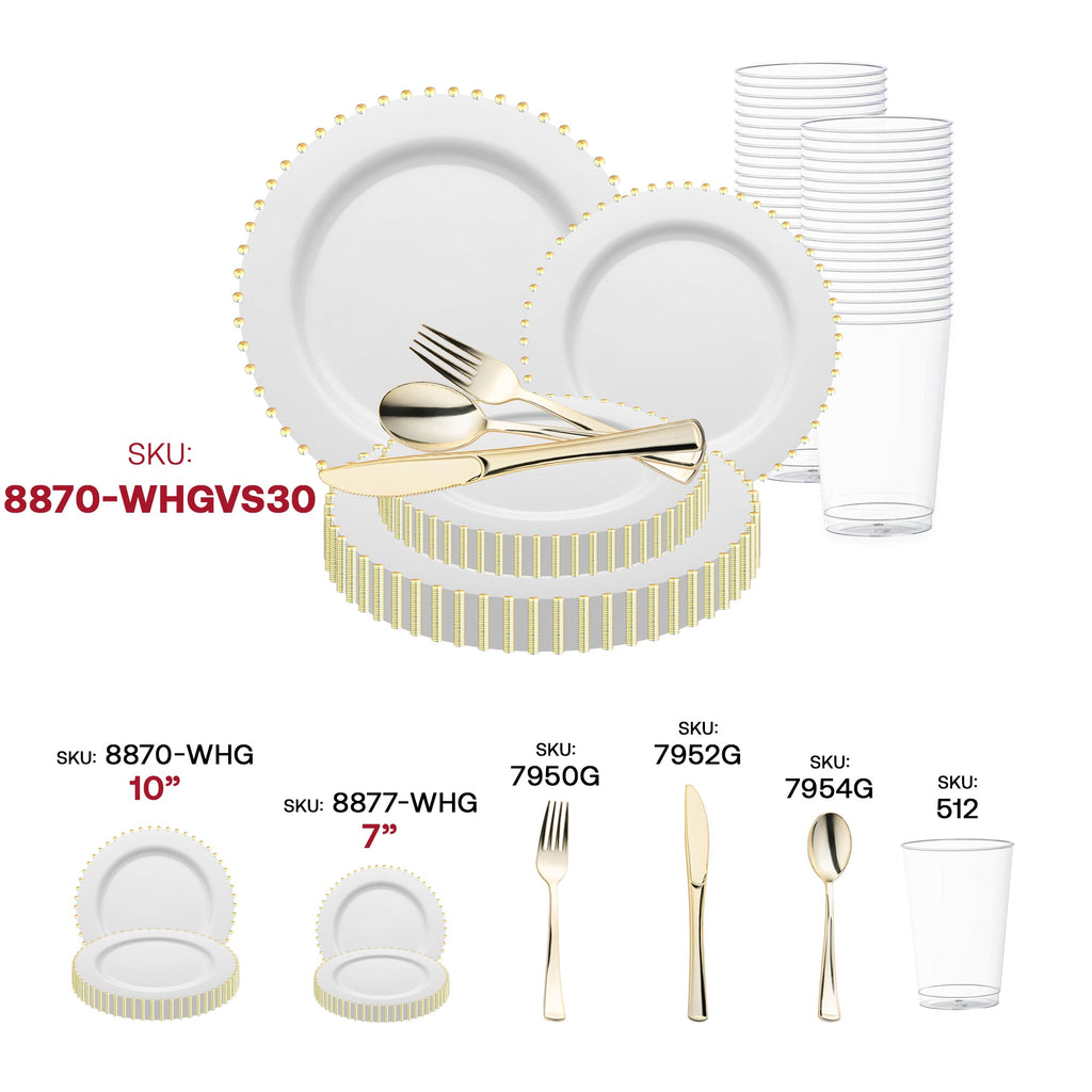 White with Gold Pearl String Round Disposable Plastic Wedding Value Set