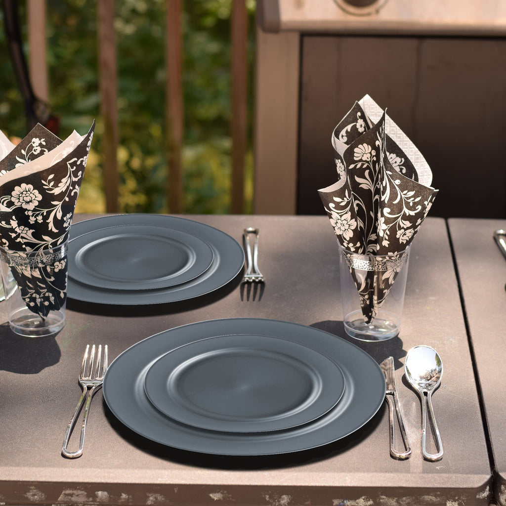 Matte Charcoal Gray Round Disposable Plastic Dinnerware Value Set