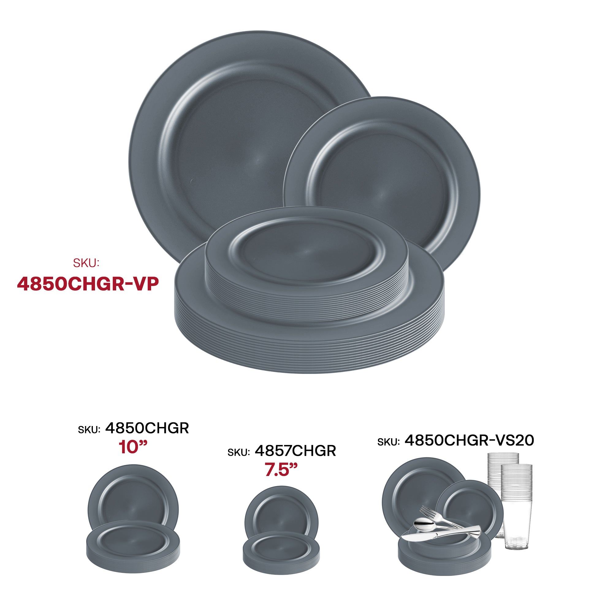 Matte Charcoal Gray Round Disposable Plastic Dinnerware Value Set