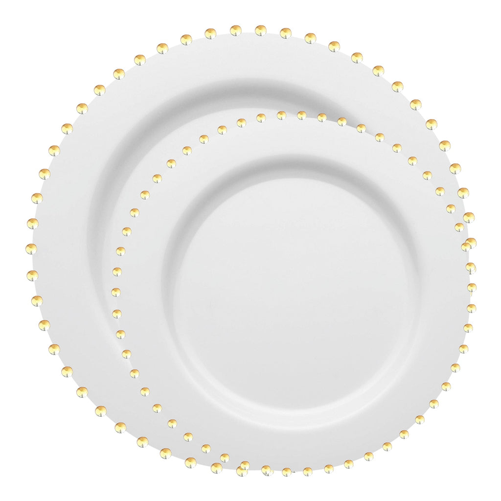 White with Gold Pearl String Round Disposable Plastic Dinnerware Value Set