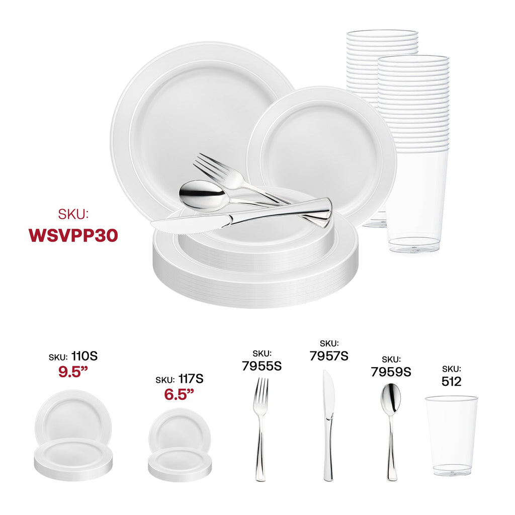 White with Silver Edge Rim Plastic Wedding Value Set