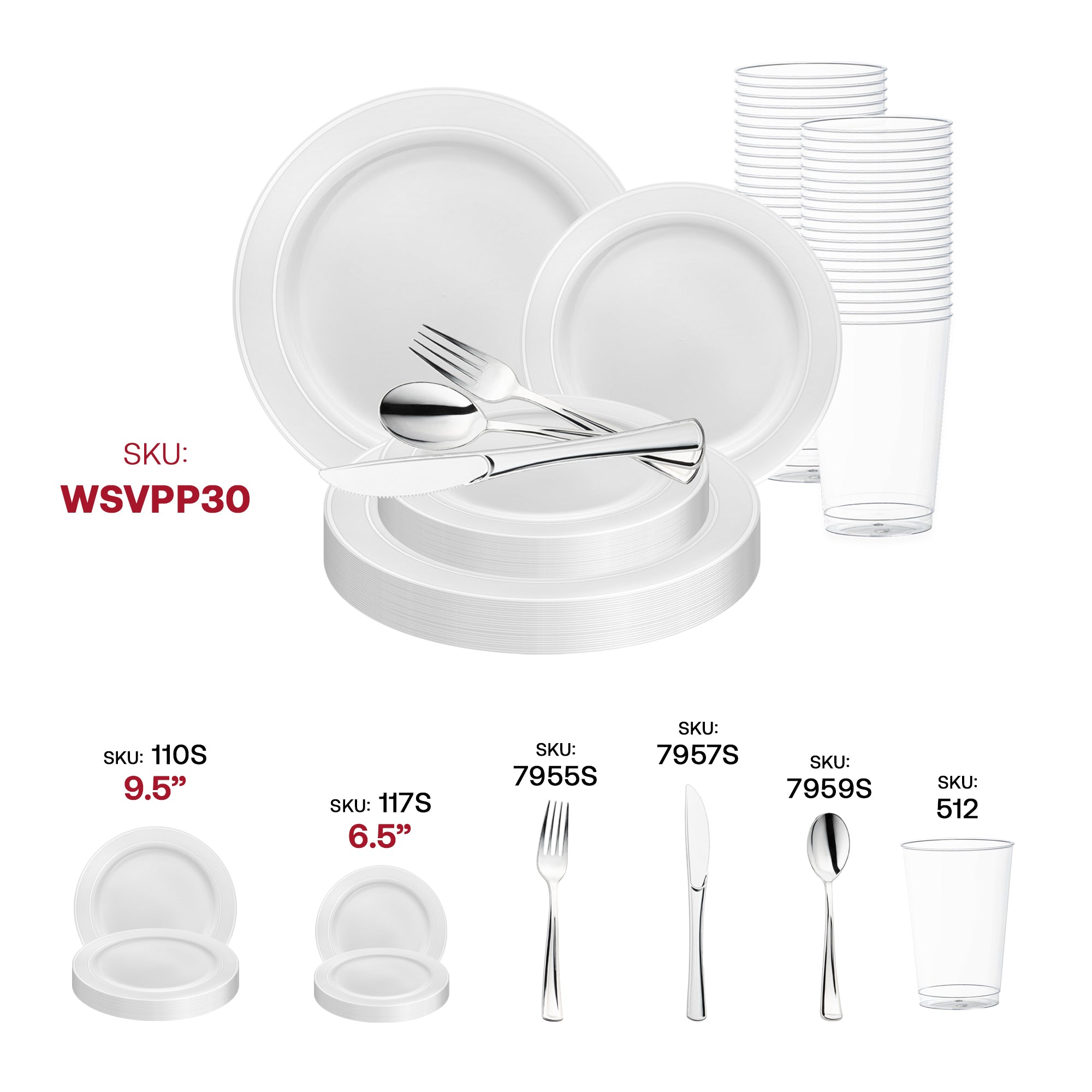 White with Silver Edge Rim Plastic Wedding Value Set