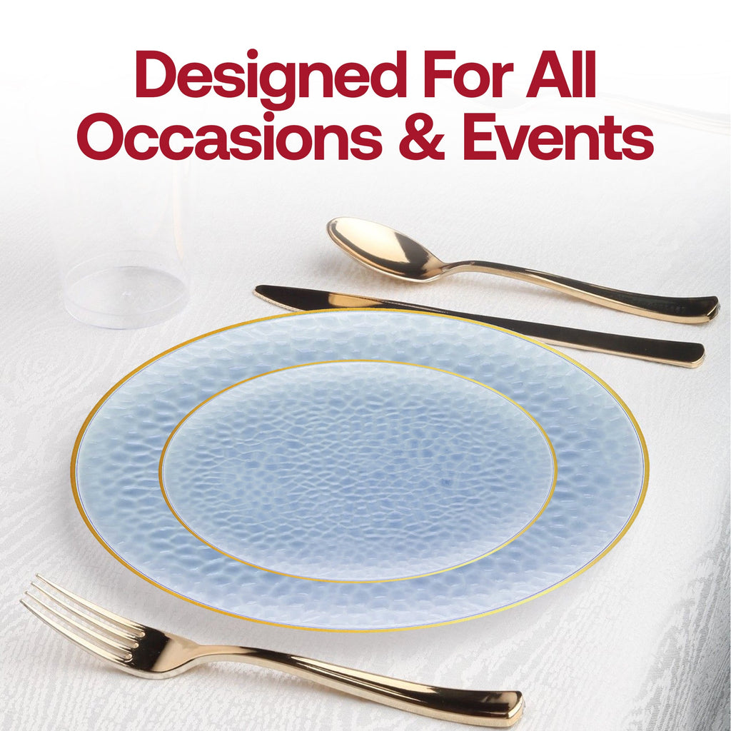Clear Blue with Gold Rim Hammered Glass Disposable Plastic Appetizer/Salad Plates (7.5")