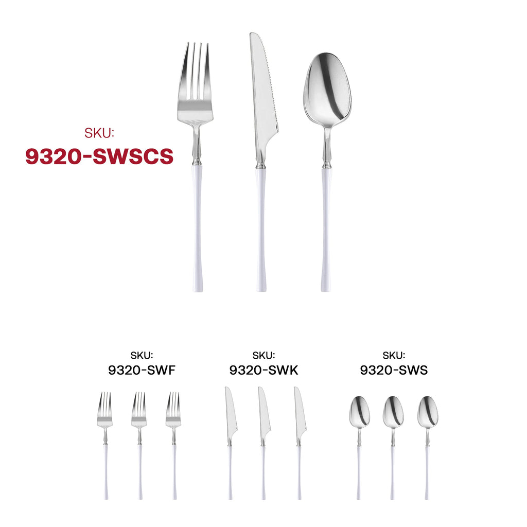 Silver with White Handle Moderno Disposable Plastic Cutlery Set - 20 Spoons, 20 Forks and 20 Knives